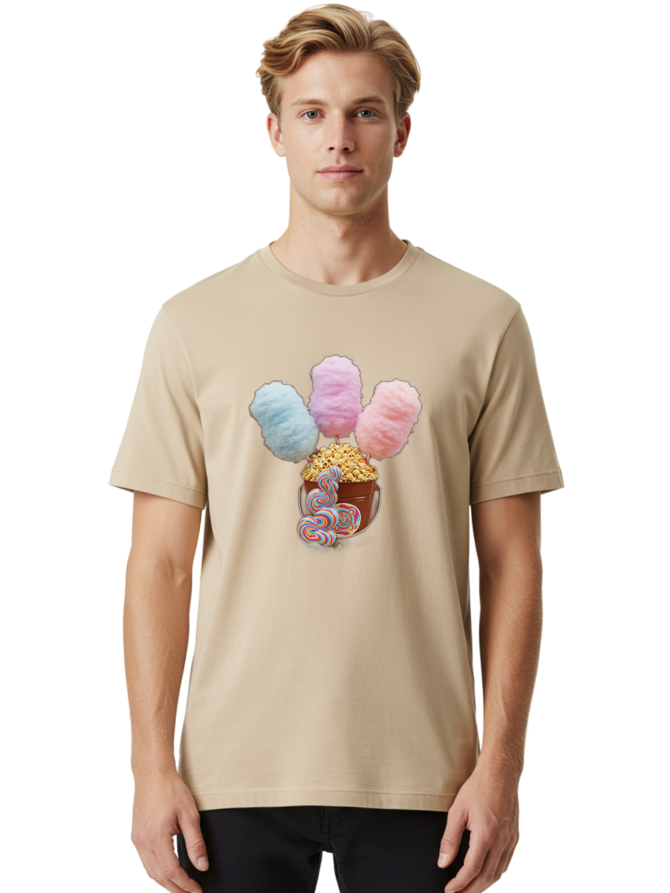 Cotton-Candy-And-Popcorn-1 Men'S Graphic Tee, 100% Cotton, Comfortable Casual Summer Wear, Machine Washable, Colorful Sweets, Sweet Treats, Cotton Candy, Popcorn, Rainbow Lollipops, Swirly Lollipops, Caramel Popcorn, Multi-Colored Candy, Bac918