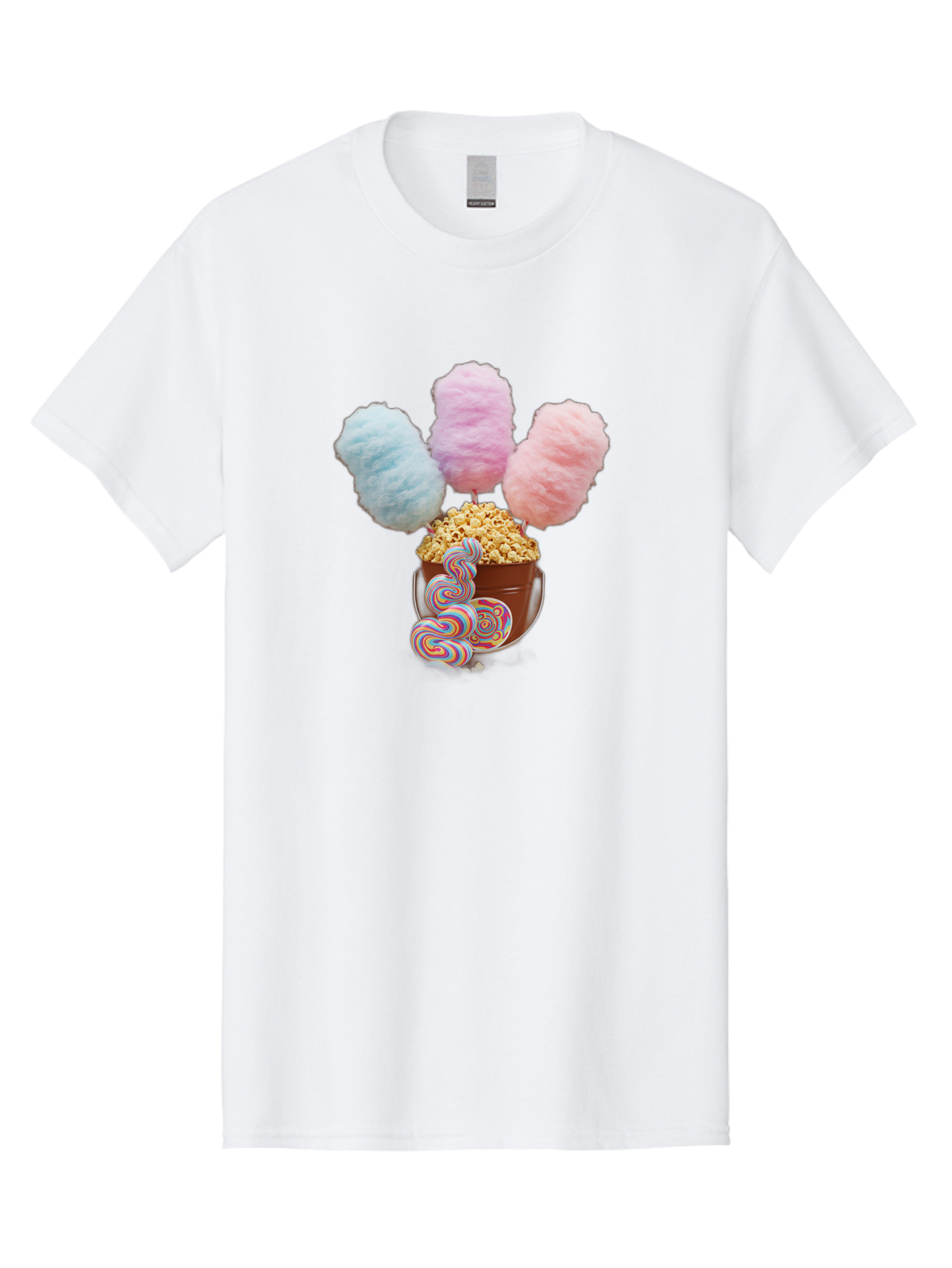 Cotton-Candy-And-Popcorn-1 Men'S Graphic Tee, 100% Cotton, Comfortable Casual Summer Wear, Machine Washable, Colorful Sweets, Sweet Treats, Cotton Candy, Popcorn, Rainbow Lollipops, Swirly Lollipops, Caramel Popcorn, Multi-Colored Candy, Bac918