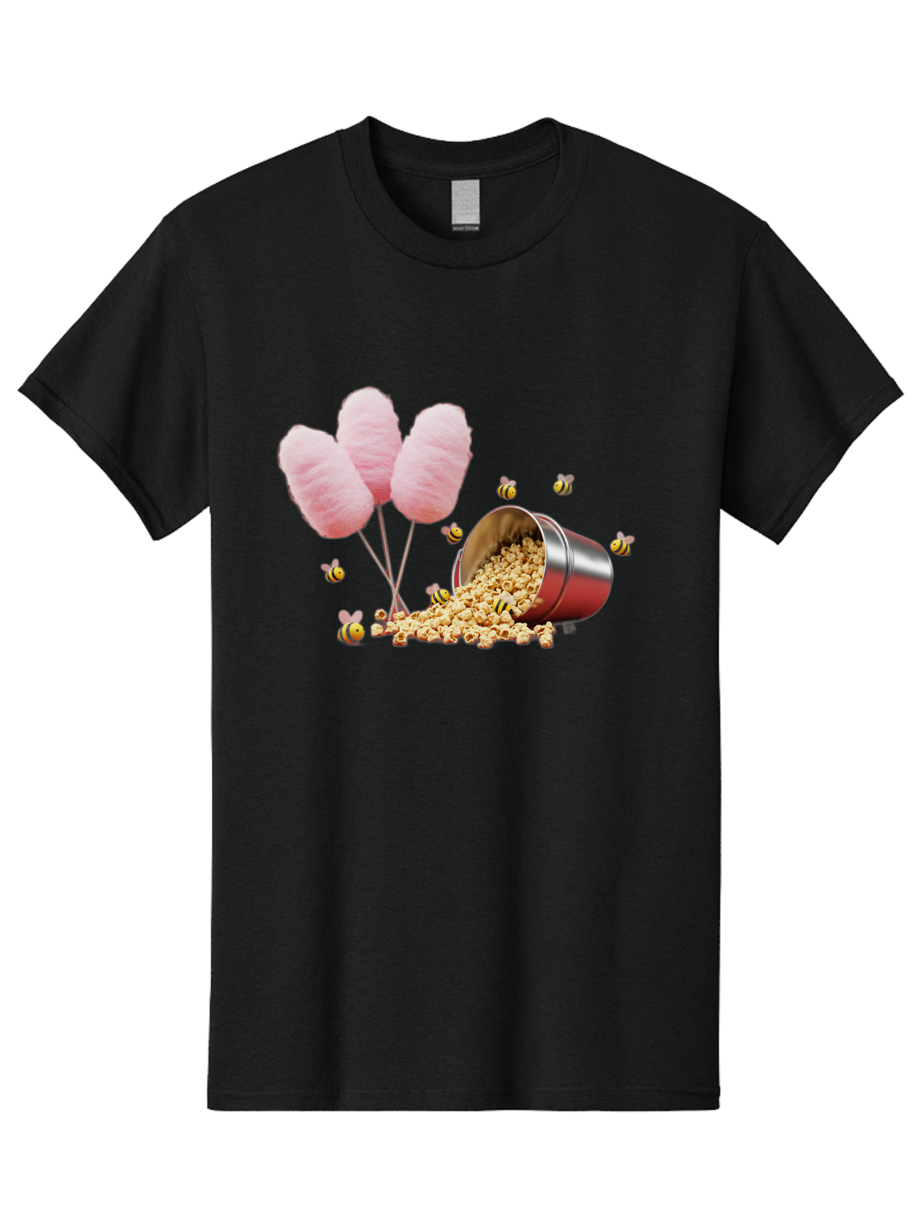 Cotton-Candy-And-Popcorn Men'S Graphic Tee, 100% Cotton, Comfortable Casual Summer Wear, Machine Washable, Cotton Candy, Popcorn, Bees, Sweet Treats, Party Snacks, Carnival Food, Delicious Desserts, Yellow And Black Bees, Fluffy Cotton Candy Bac919