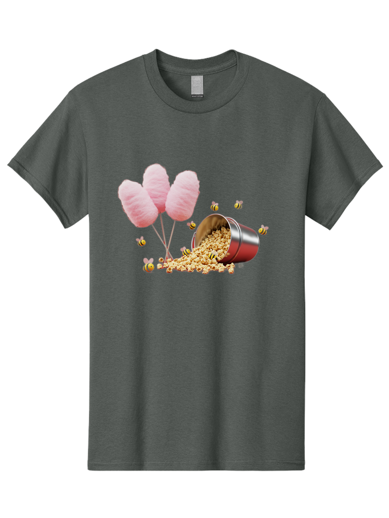 Cotton-Candy-And-Popcorn Men'S Graphic Tee, 100% Cotton, Comfortable Casual Summer Wear, Machine Washable, Cotton Candy, Popcorn, Bees, Sweet Treats, Party Snacks, Carnival Food, Delicious Desserts, Yellow And Black Bees, Fluffy Cotton Candy Bac919