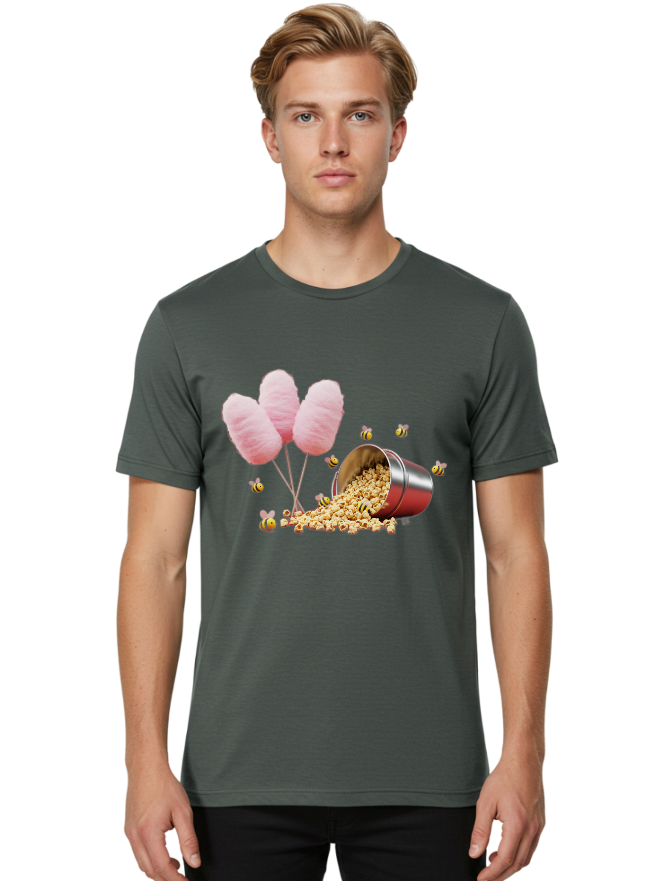 Cotton-Candy-And-Popcorn Men'S Graphic Tee, 100% Cotton, Comfortable Casual Summer Wear, Machine Washable, Cotton Candy, Popcorn, Bees, Sweet Treats, Party Snacks, Carnival Food, Delicious Desserts, Yellow And Black Bees, Fluffy Cotton Candy Bac919
