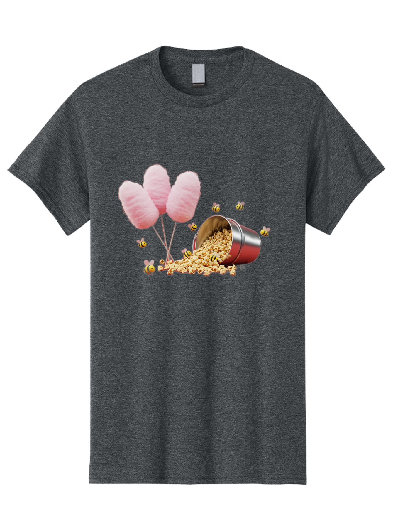 Cotton-Candy-And-Popcorn Men'S Graphic Tee, 100% Cotton, Comfortable Casual Summer Wear, Machine Washable, Cotton Candy, Popcorn, Bees, Sweet Treats, Party Snacks, Carnival Food, Delicious Desserts, Yellow And Black Bees, Fluffy Cotton Candy Bac919