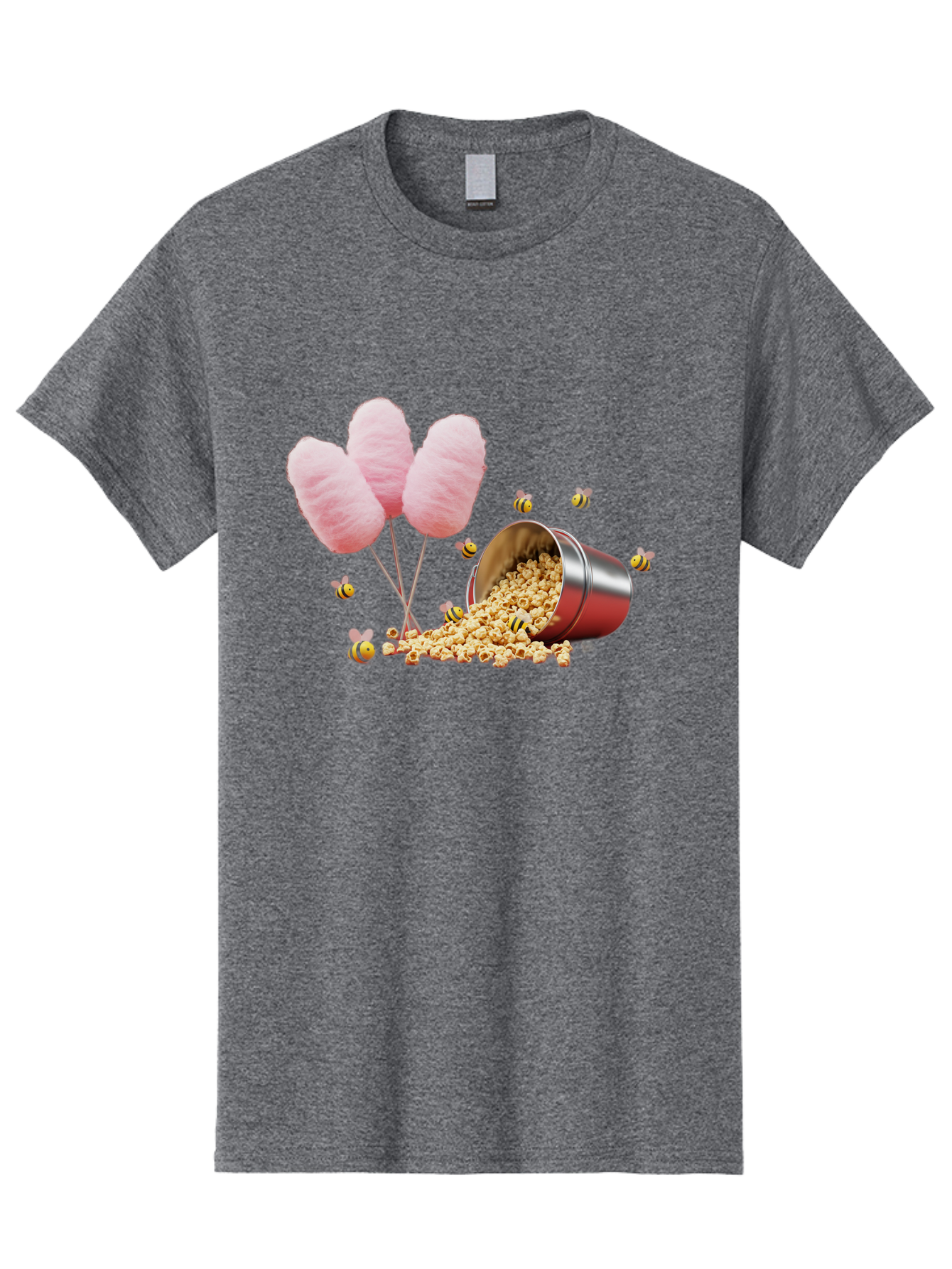 Cotton-Candy-And-Popcorn Men'S Graphic Tee, 100% Cotton, Comfortable Casual Summer Wear, Machine Washable, Cotton Candy, Popcorn, Bees, Sweet Treats, Party Snacks, Carnival Food, Delicious Desserts, Yellow And Black Bees, Fluffy Cotton Candy Bac919