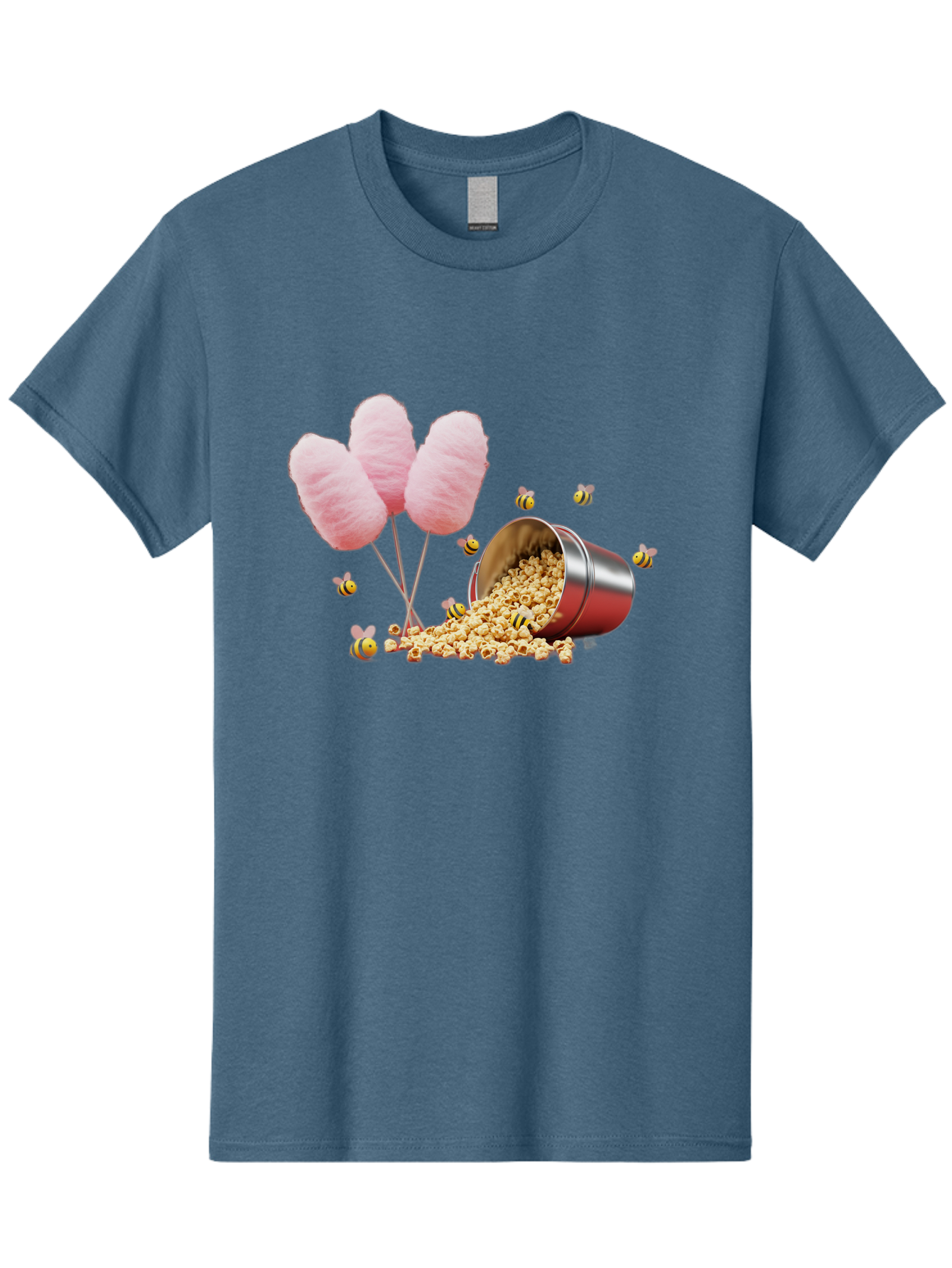 Cotton-Candy-And-Popcorn Men'S Graphic Tee, 100% Cotton, Comfortable Casual Summer Wear, Machine Washable, Cotton Candy, Popcorn, Bees, Sweet Treats, Party Snacks, Carnival Food, Delicious Desserts, Yellow And Black Bees, Fluffy Cotton Candy Bac919