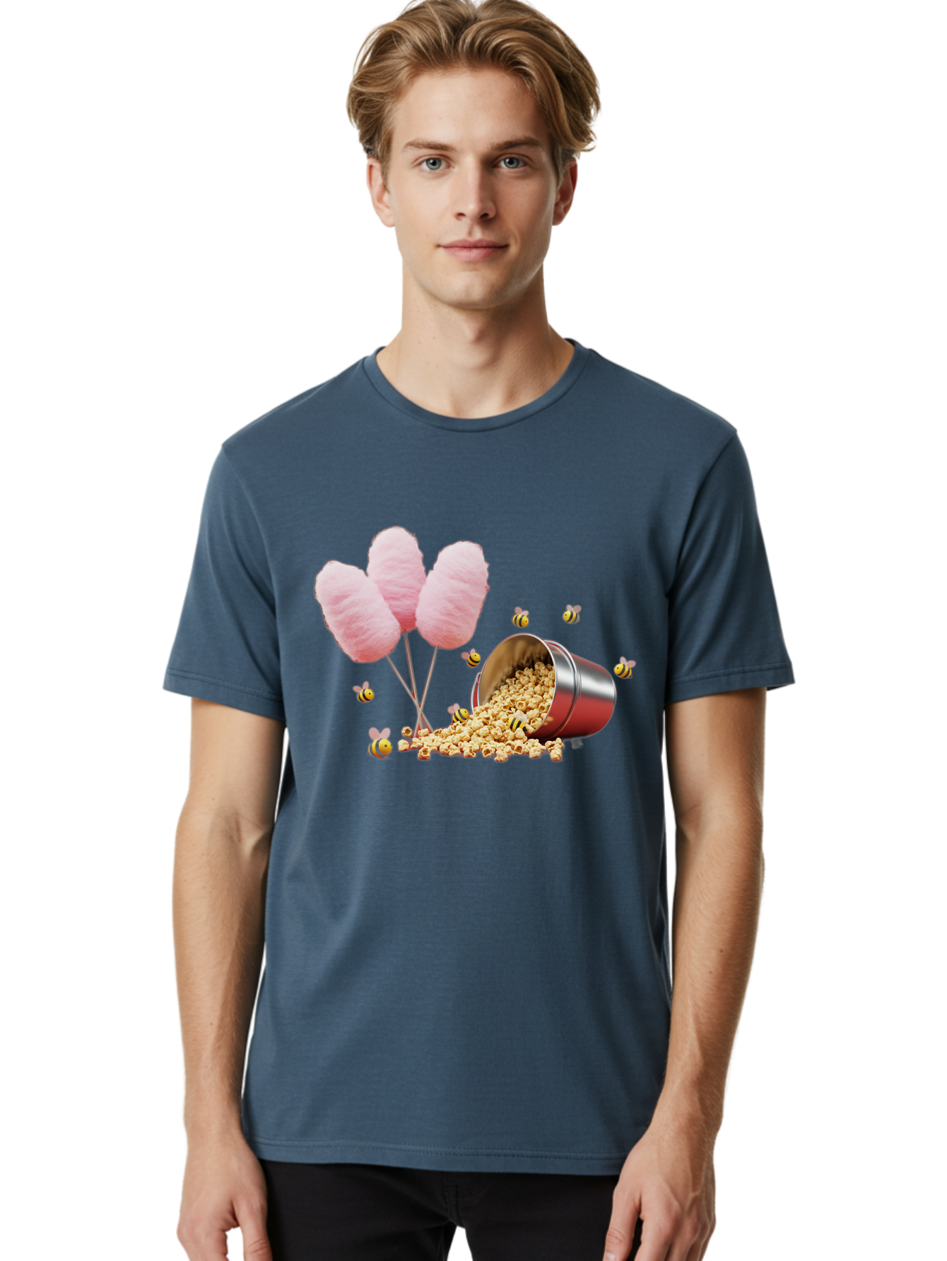 Cotton-Candy-And-Popcorn Men'S Graphic Tee, 100% Cotton, Comfortable Casual Summer Wear, Machine Washable, Cotton Candy, Popcorn, Bees, Sweet Treats, Party Snacks, Carnival Food, Delicious Desserts, Yellow And Black Bees, Fluffy Cotton Candy Bac919