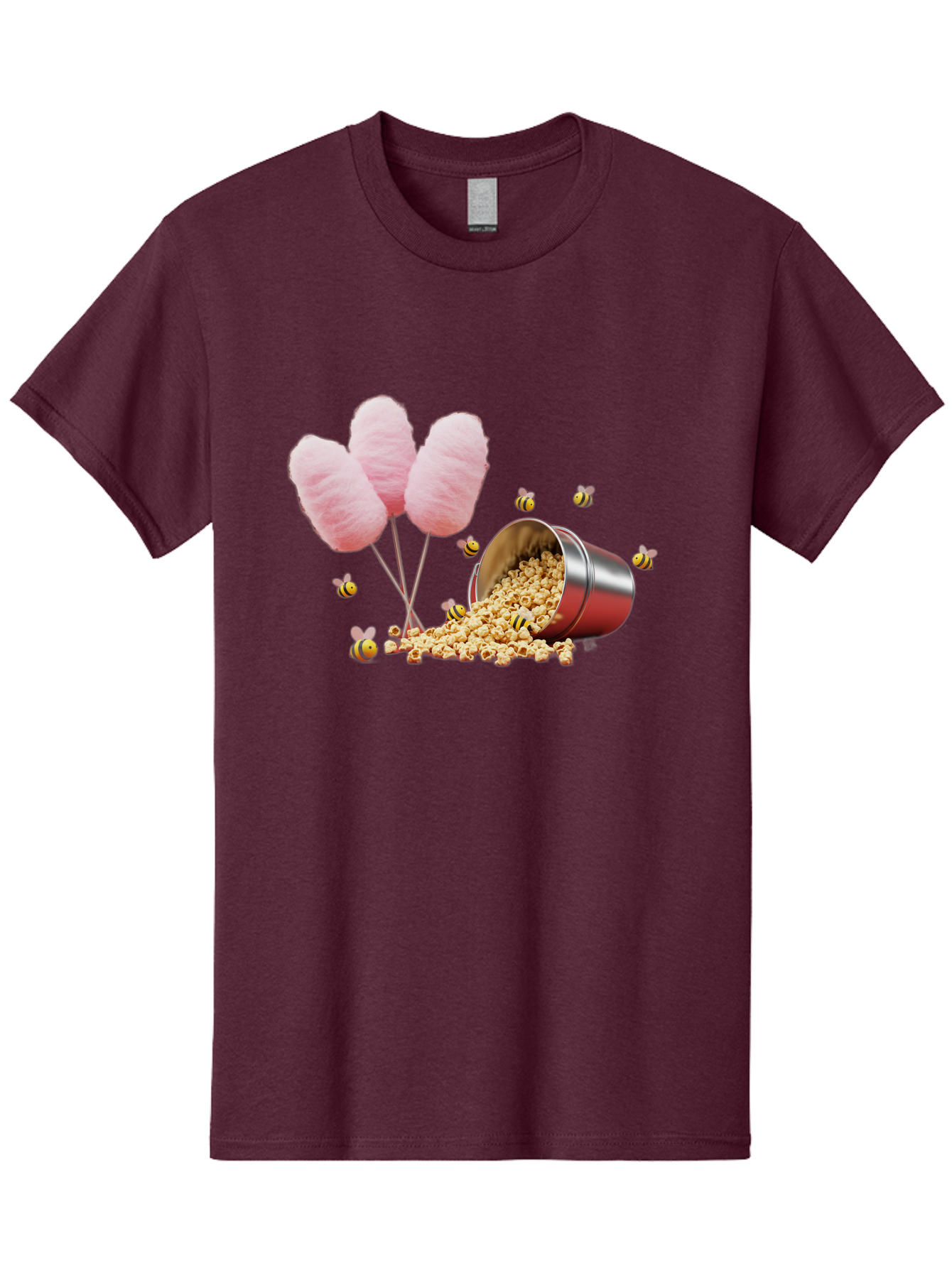 Cotton-Candy-And-Popcorn Men'S Graphic Tee, 100% Cotton, Comfortable Casual Summer Wear, Machine Washable, Cotton Candy, Popcorn, Bees, Sweet Treats, Party Snacks, Carnival Food, Delicious Desserts, Yellow And Black Bees, Fluffy Cotton Candy Bac919