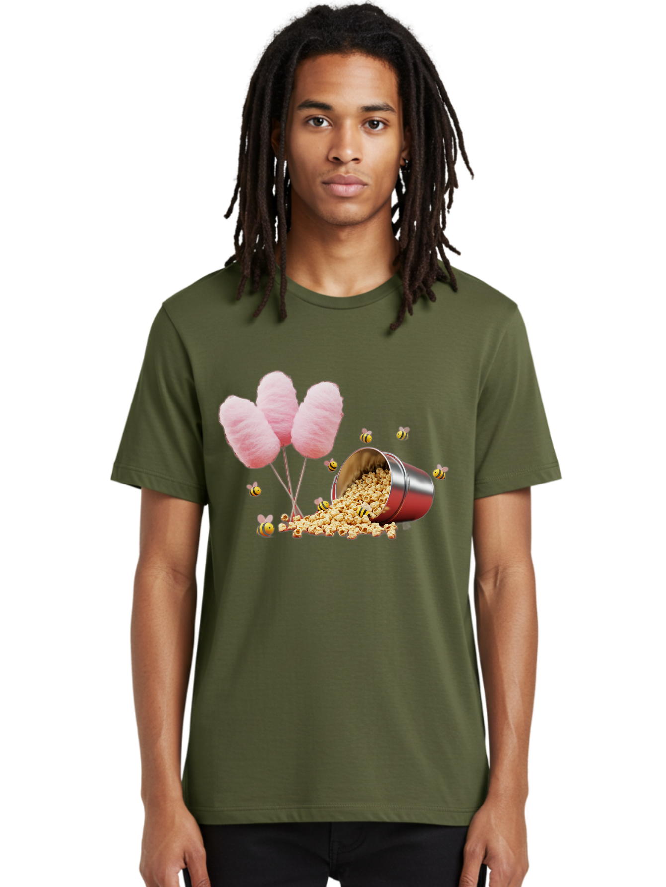Cotton-Candy-And-Popcorn Men'S Graphic Tee, 100% Cotton, Comfortable Casual Summer Wear, Machine Washable, Cotton Candy, Popcorn, Bees, Sweet Treats, Party Snacks, Carnival Food, Delicious Desserts, Yellow And Black Bees, Fluffy Cotton Candy Bac919