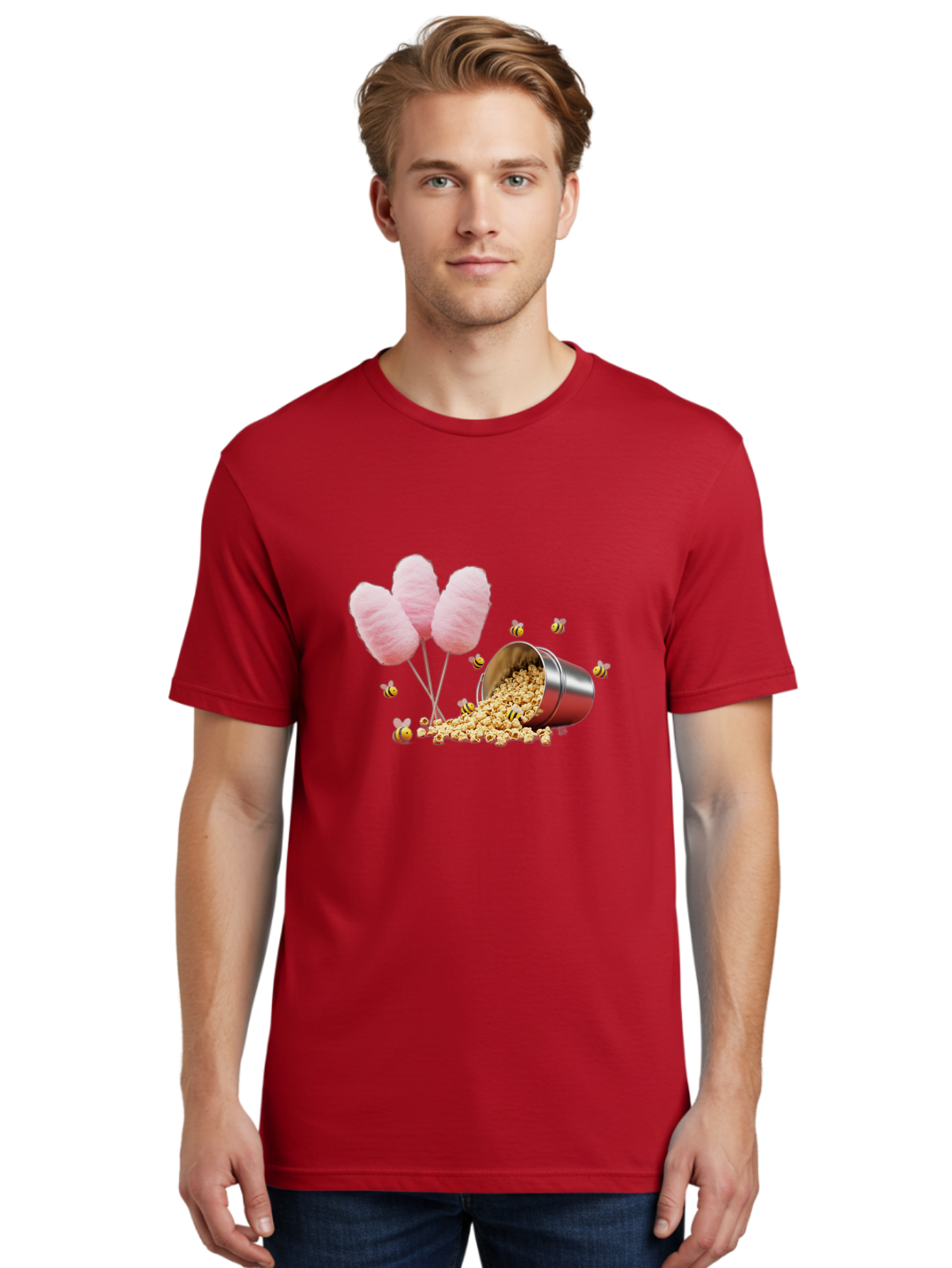 Cotton-Candy-And-Popcorn Men'S Graphic Tee, 100% Cotton, Comfortable Casual Summer Wear, Machine Washable, Cotton Candy, Popcorn, Bees, Sweet Treats, Party Snacks, Carnival Food, Delicious Desserts, Yellow And Black Bees, Fluffy Cotton Candy Bac919
