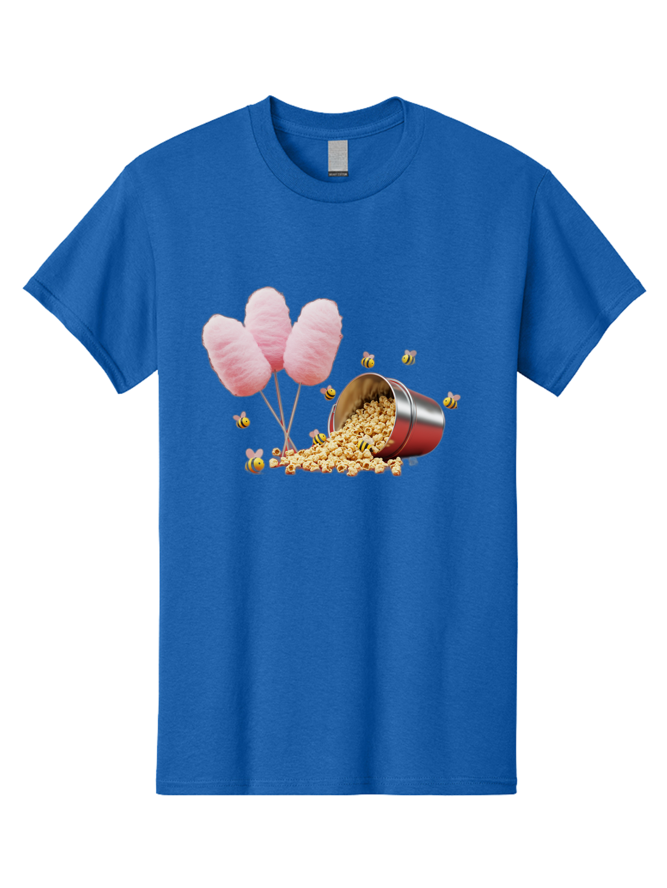 Cotton-Candy-And-Popcorn Men'S Graphic Tee, 100% Cotton, Comfortable Casual Summer Wear, Machine Washable, Cotton Candy, Popcorn, Bees, Sweet Treats, Party Snacks, Carnival Food, Delicious Desserts, Yellow And Black Bees, Fluffy Cotton Candy Bac919