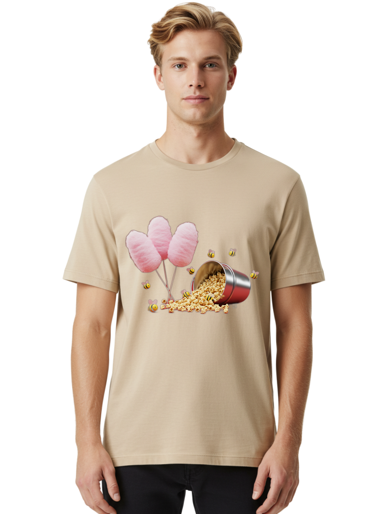 Cotton-Candy-And-Popcorn Men'S Graphic Tee, 100% Cotton, Comfortable Casual Summer Wear, Machine Washable, Cotton Candy, Popcorn, Bees, Sweet Treats, Party Snacks, Carnival Food, Delicious Desserts, Yellow And Black Bees, Fluffy Cotton Candy Bac919