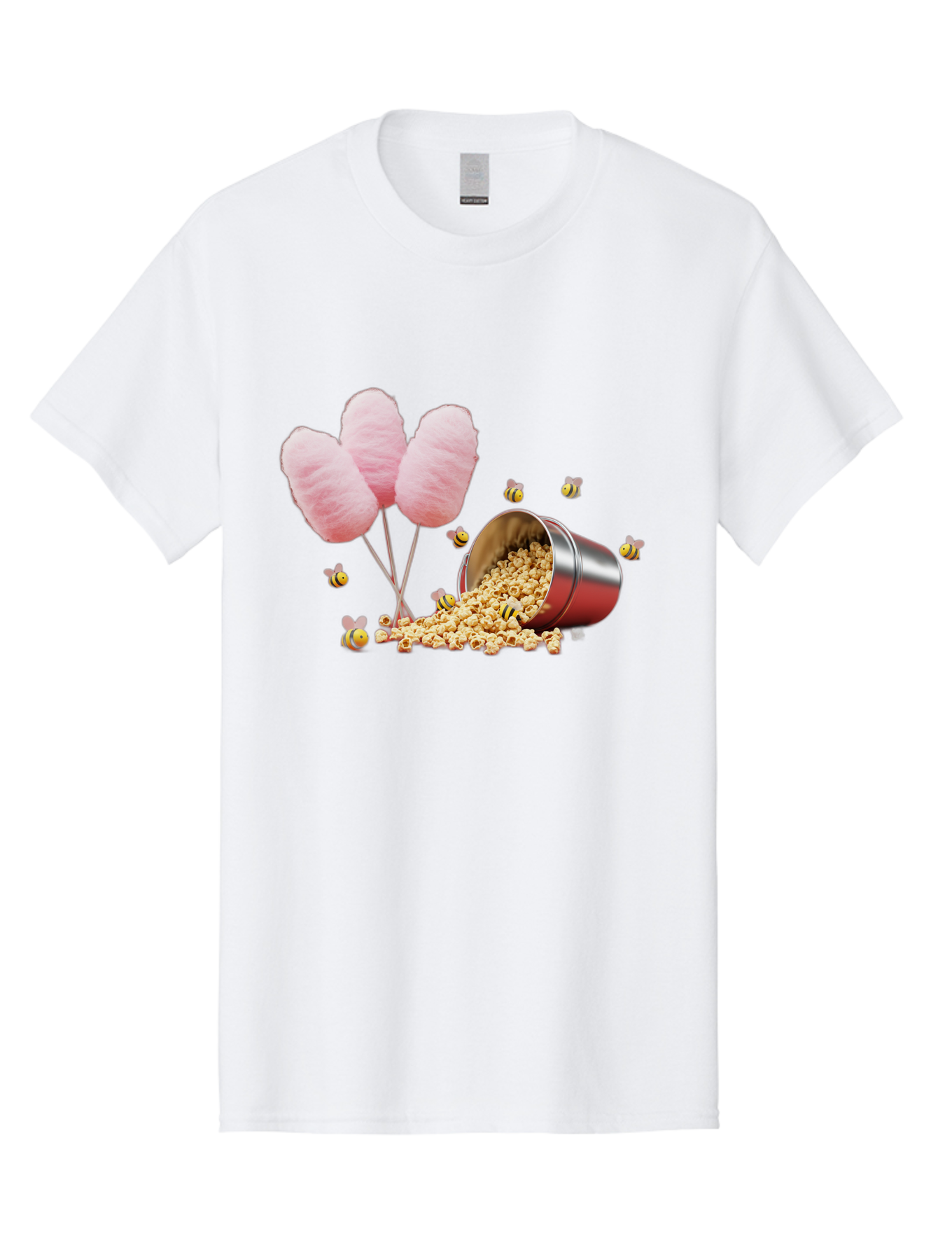 Cotton-Candy-And-Popcorn Men'S Graphic Tee, 100% Cotton, Comfortable Casual Summer Wear, Machine Washable, Cotton Candy, Popcorn, Bees, Sweet Treats, Party Snacks, Carnival Food, Delicious Desserts, Yellow And Black Bees, Fluffy Cotton Candy Bac919