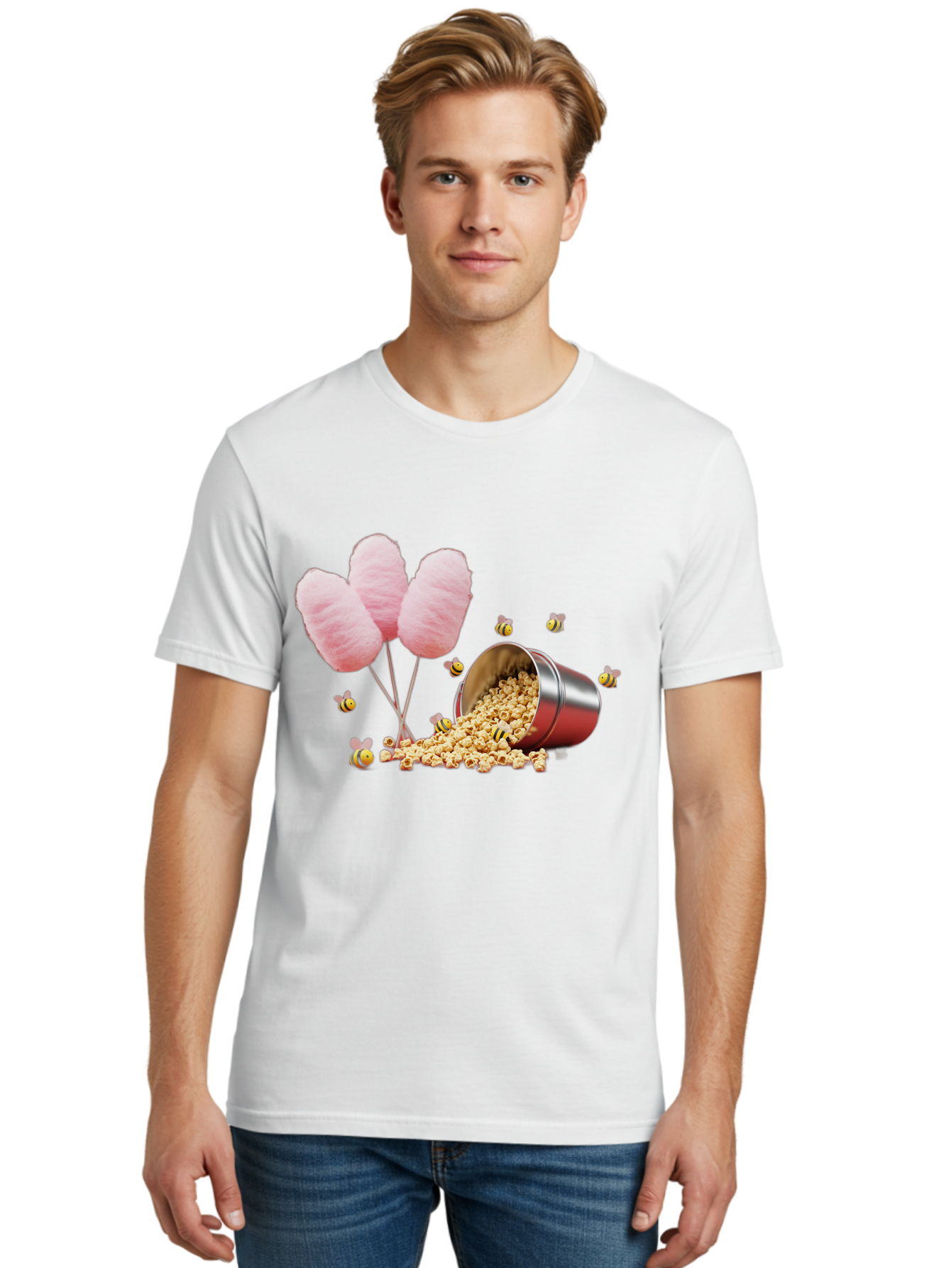 Cotton-Candy-And-Popcorn Men'S Graphic Tee, 100% Cotton, Comfortable Casual Summer Wear, Machine Washable, Cotton Candy, Popcorn, Bees, Sweet Treats, Party Snacks, Carnival Food, Delicious Desserts, Yellow And Black Bees, Fluffy Cotton Candy Bac919