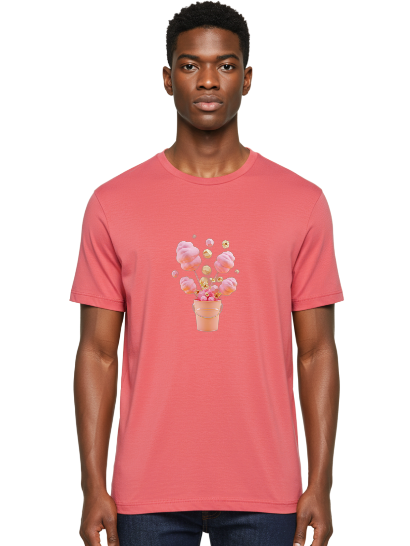 Cotton-Candy-Bucket Men'S Graphic Tee, 100% Cotton, Comfortable Casual Summer Wear, Machine Washable, Pink Cotton Candy, Candy In Bucket, Sweet Treats, Fluffy Candy, Cotton Candy, Sweet Pink, Candy Bucket, Colorful Candy, Whimsical Dessert Bac920