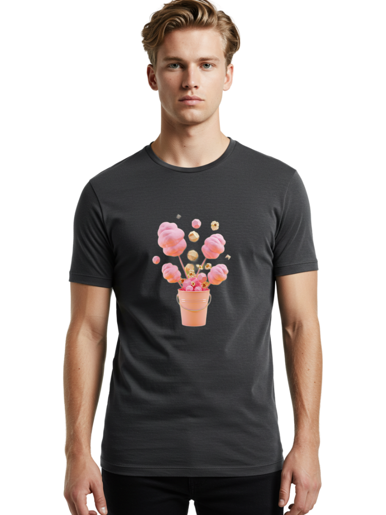 Cotton-Candy-Bucket Men'S Graphic Tee, 100% Cotton, Comfortable Casual Summer Wear, Machine Washable, Pink Cotton Candy, Candy In Bucket, Sweet Treats, Fluffy Candy, Cotton Candy, Sweet Pink, Candy Bucket, Colorful Candy, Whimsical Dessert Bac920