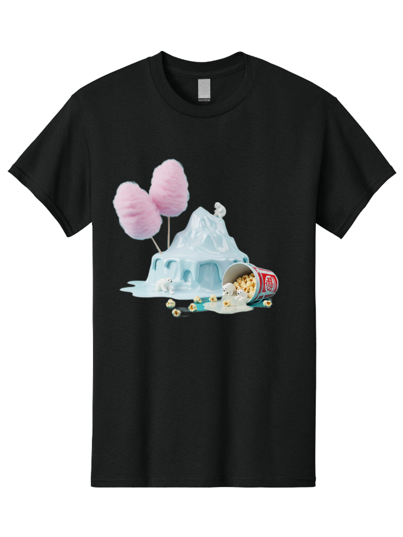 Cotton-Candy-Iceberg Men'S Graphic Tee, 100% Cotton, Comfortable Casual Summer Wear, Machine Washable, Melting Ice, Polar Bears, Popcorn, Cotton Candy, Climate Change, Global Warming, Surreal Scene, Melting Glacier, White Bears Bac921