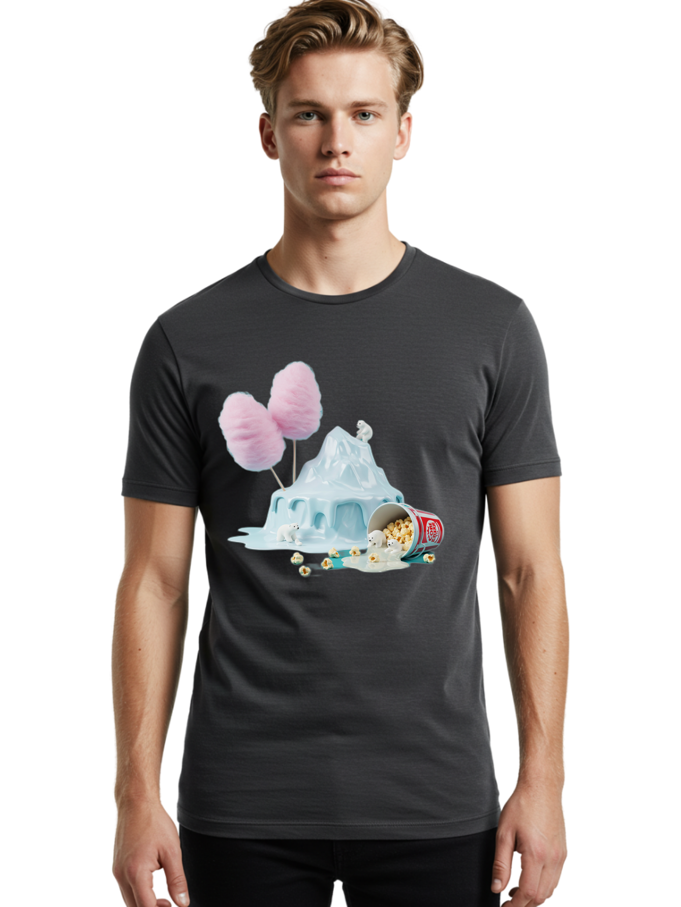 Cotton-Candy-Iceberg Men'S Graphic Tee, 100% Cotton, Comfortable Casual Summer Wear, Machine Washable, Melting Ice, Polar Bears, Popcorn, Cotton Candy, Climate Change, Global Warming, Surreal Scene, Melting Glacier, White Bears Bac921