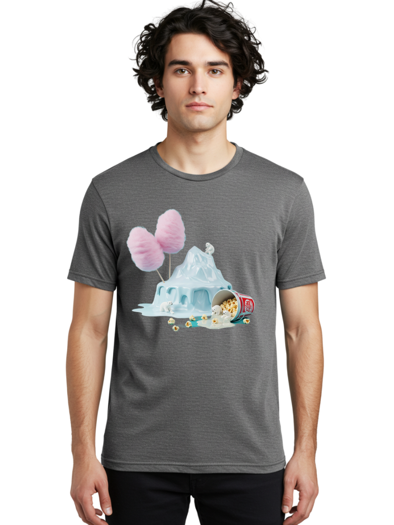 Cotton-Candy-Iceberg Men'S Graphic Tee, 100% Cotton, Comfortable Casual Summer Wear, Machine Washable, Melting Ice, Polar Bears, Popcorn, Cotton Candy, Climate Change, Global Warming, Surreal Scene, Melting Glacier, White Bears Bac921