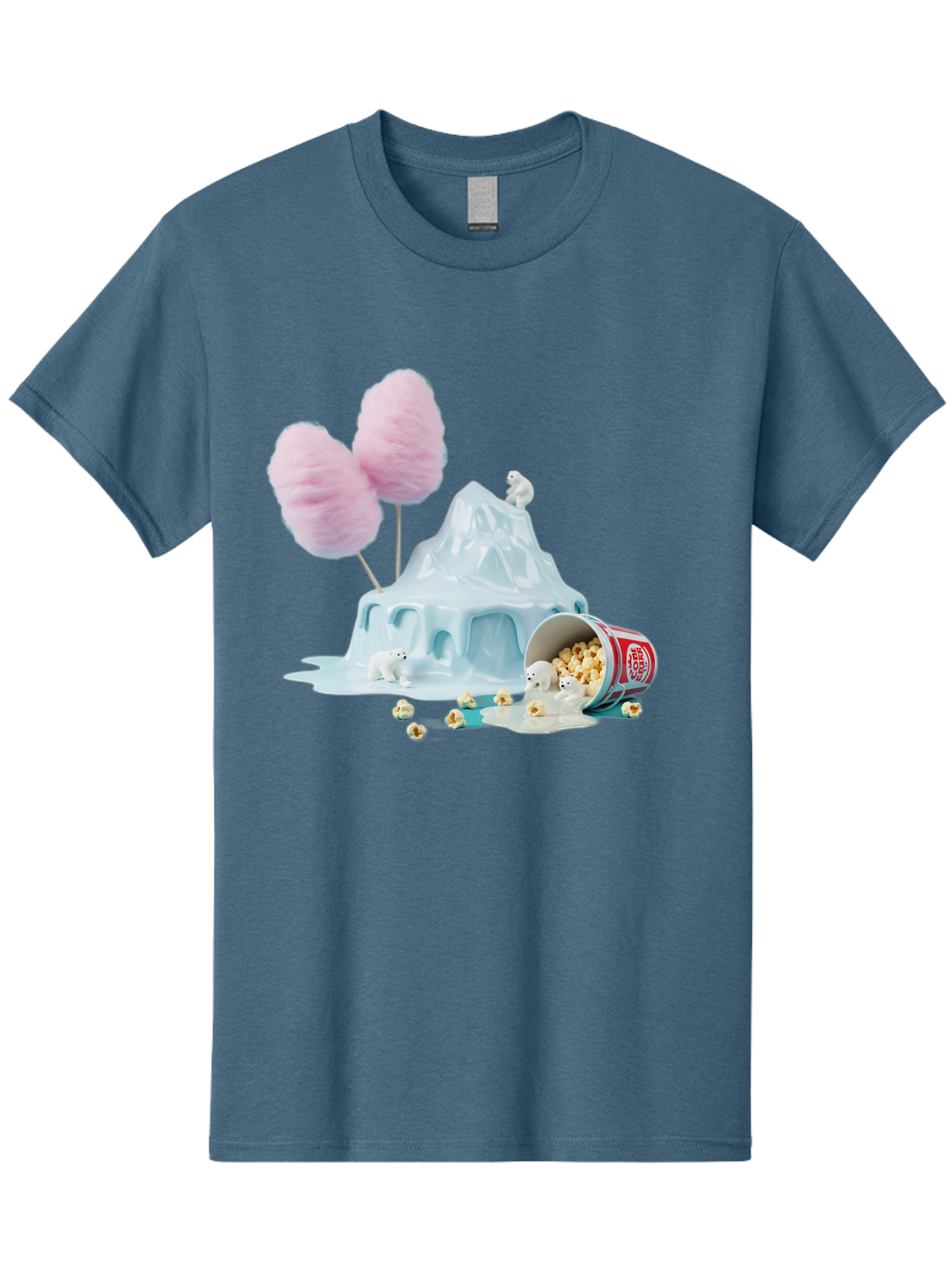 Cotton-Candy-Iceberg Men'S Graphic Tee, 100% Cotton, Comfortable Casual Summer Wear, Machine Washable, Melting Ice, Polar Bears, Popcorn, Cotton Candy, Climate Change, Global Warming, Surreal Scene, Melting Glacier, White Bears Bac921