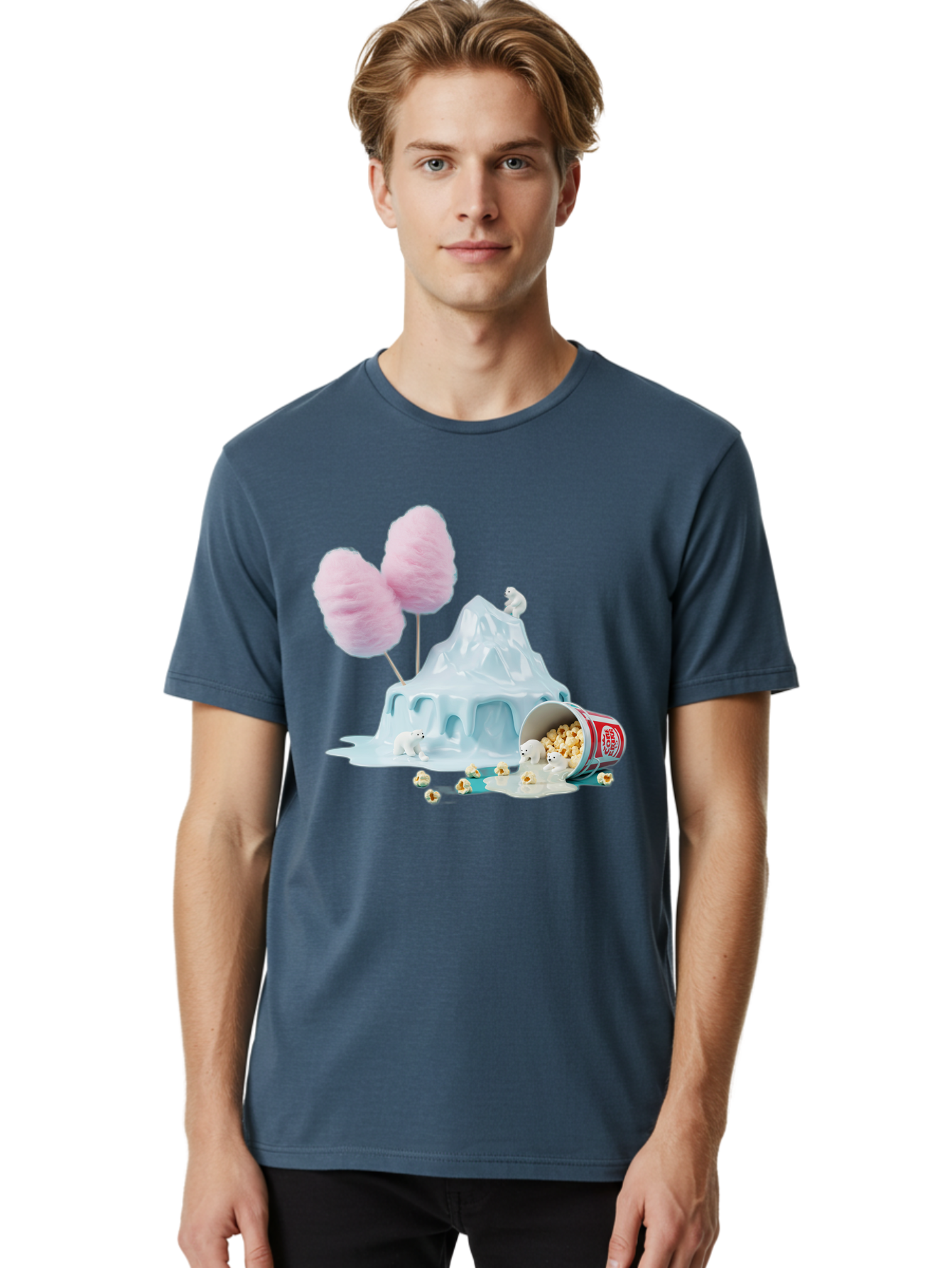 Cotton-Candy-Iceberg Men'S Graphic Tee, 100% Cotton, Comfortable Casual Summer Wear, Machine Washable, Melting Ice, Polar Bears, Popcorn, Cotton Candy, Climate Change, Global Warming, Surreal Scene, Melting Glacier, White Bears Bac921