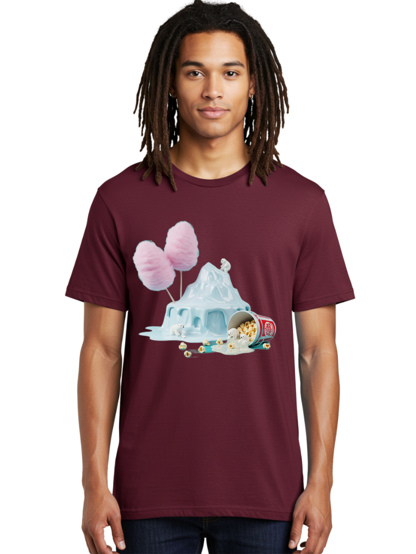 Cotton-Candy-Iceberg Men'S Graphic Tee, 100% Cotton, Comfortable Casual Summer Wear, Machine Washable, Melting Ice, Polar Bears, Popcorn, Cotton Candy, Climate Change, Global Warming, Surreal Scene, Melting Glacier, White Bears Bac921