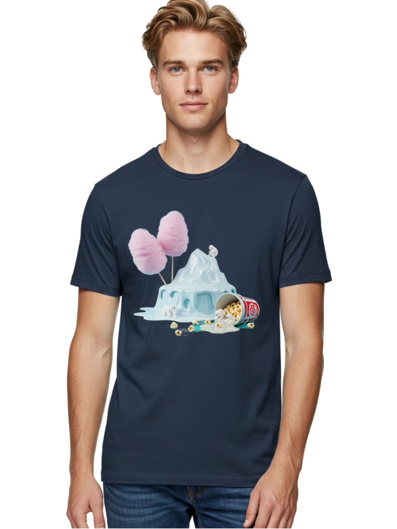 Cotton-Candy-Iceberg Men'S Graphic Tee, 100% Cotton, Comfortable Casual Summer Wear, Machine Washable, Melting Ice, Polar Bears, Popcorn, Cotton Candy, Climate Change, Global Warming, Surreal Scene, Melting Glacier, White Bears Bac921