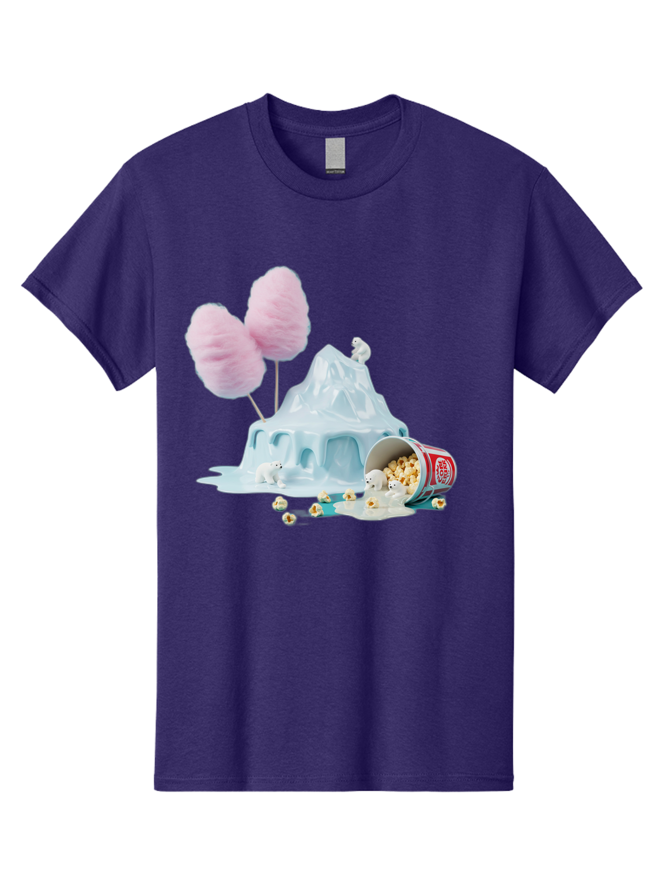 Cotton-Candy-Iceberg Men'S Graphic Tee, 100% Cotton, Comfortable Casual Summer Wear, Machine Washable, Melting Ice, Polar Bears, Popcorn, Cotton Candy, Climate Change, Global Warming, Surreal Scene, Melting Glacier, White Bears Bac921
