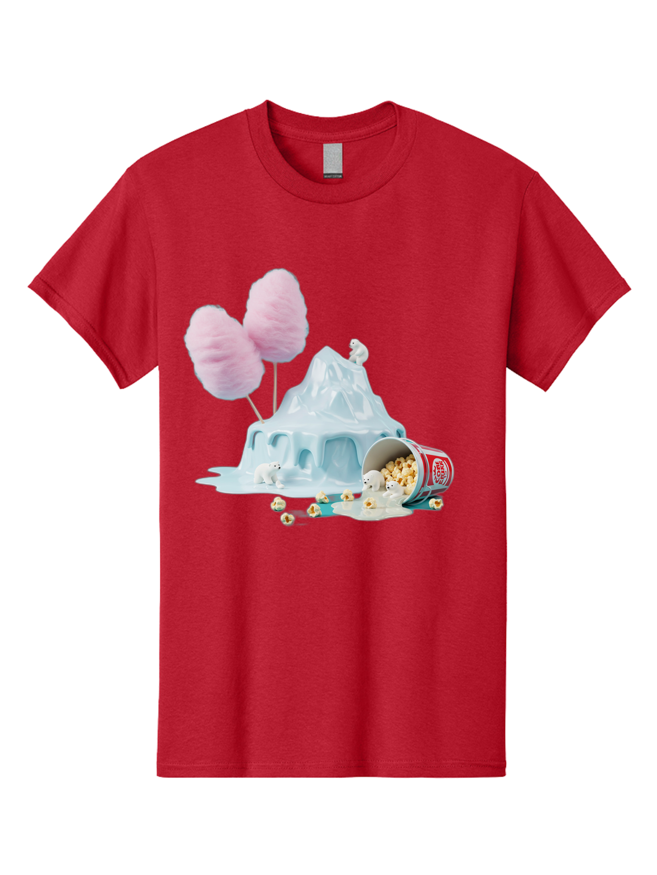 Cotton-Candy-Iceberg Men'S Graphic Tee, 100% Cotton, Comfortable Casual Summer Wear, Machine Washable, Melting Ice, Polar Bears, Popcorn, Cotton Candy, Climate Change, Global Warming, Surreal Scene, Melting Glacier, White Bears Bac921