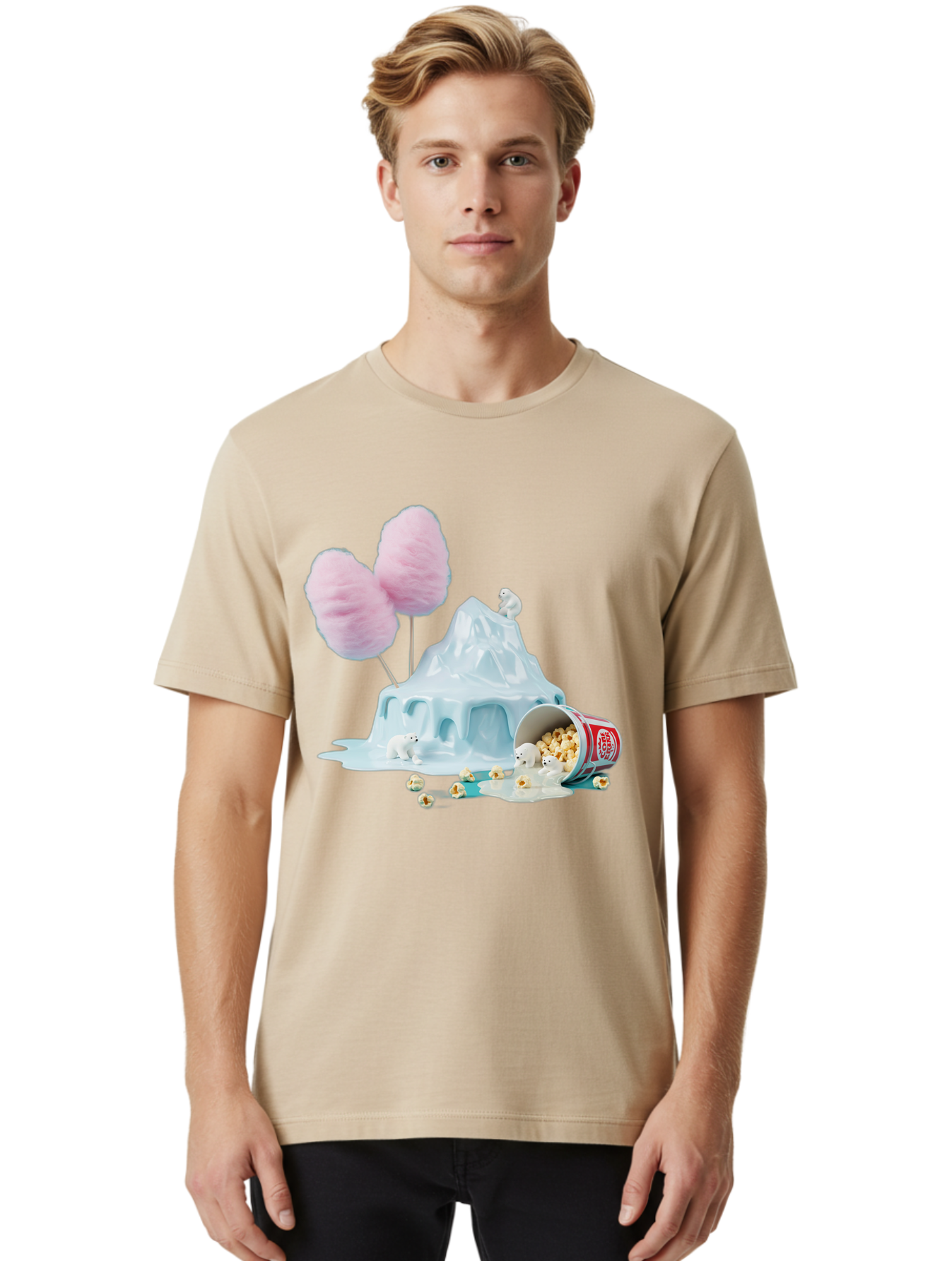Cotton-Candy-Iceberg Men'S Graphic Tee, 100% Cotton, Comfortable Casual Summer Wear, Machine Washable, Melting Ice, Polar Bears, Popcorn, Cotton Candy, Climate Change, Global Warming, Surreal Scene, Melting Glacier, White Bears Bac921