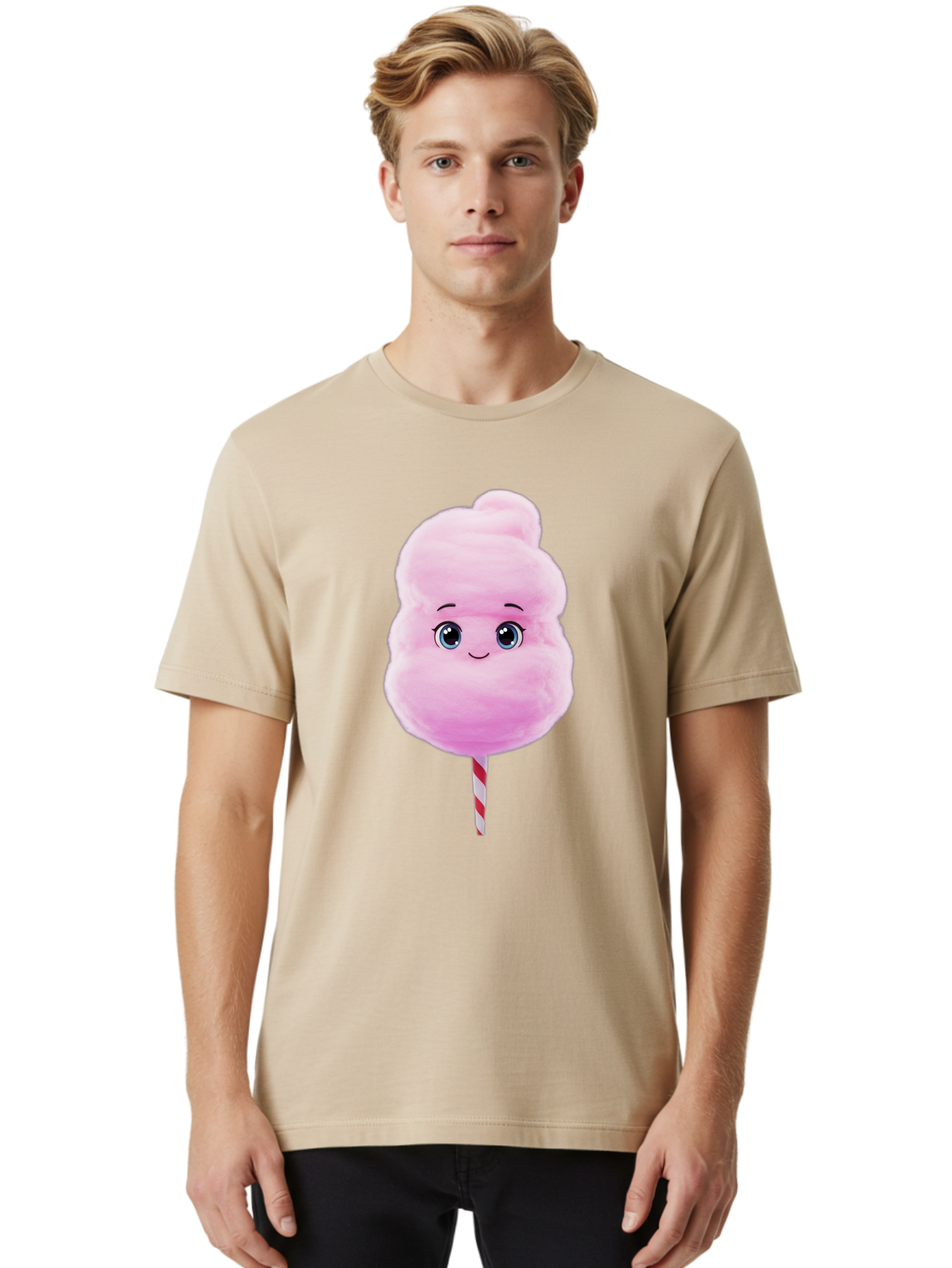 Cotton-Candy Men'S Graphic Tee, 100% Cotton, Comfortable Casual Summer Wear, Machine Washable, Pink Cotton Candy, Cartoon Character, Fluffy Treat, Sweet Snack, Fun Food, Playful Design, Cartoon Style, Fluffy Texture, Cute Face Bac923
