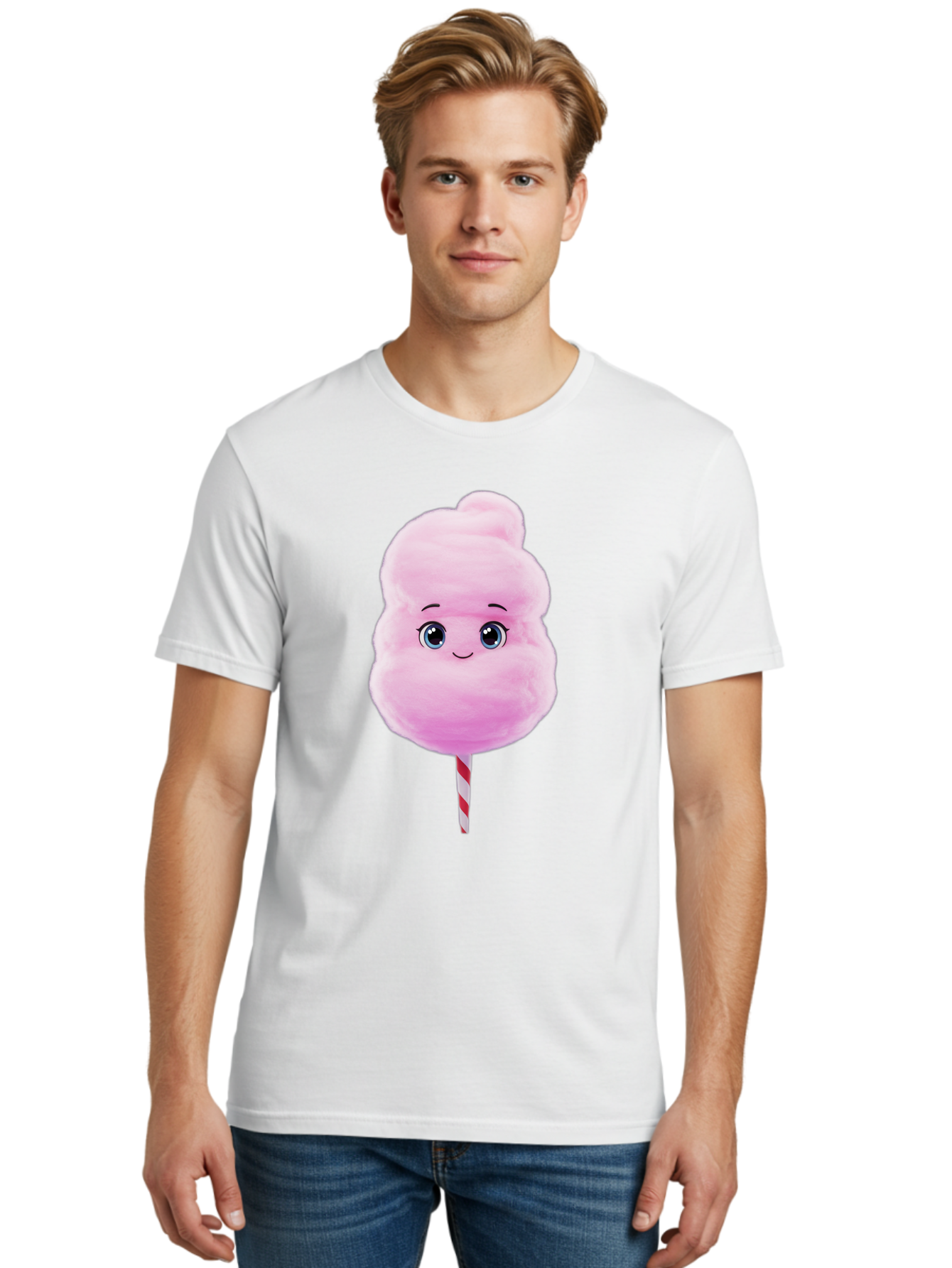 Cotton-Candy Men'S Graphic Tee, 100% Cotton, Comfortable Casual Summer Wear, Machine Washable, Pink Cotton Candy, Cartoon Character, Fluffy Treat, Sweet Snack, Fun Food, Playful Design, Cartoon Style, Fluffy Texture, Cute Face Bac923