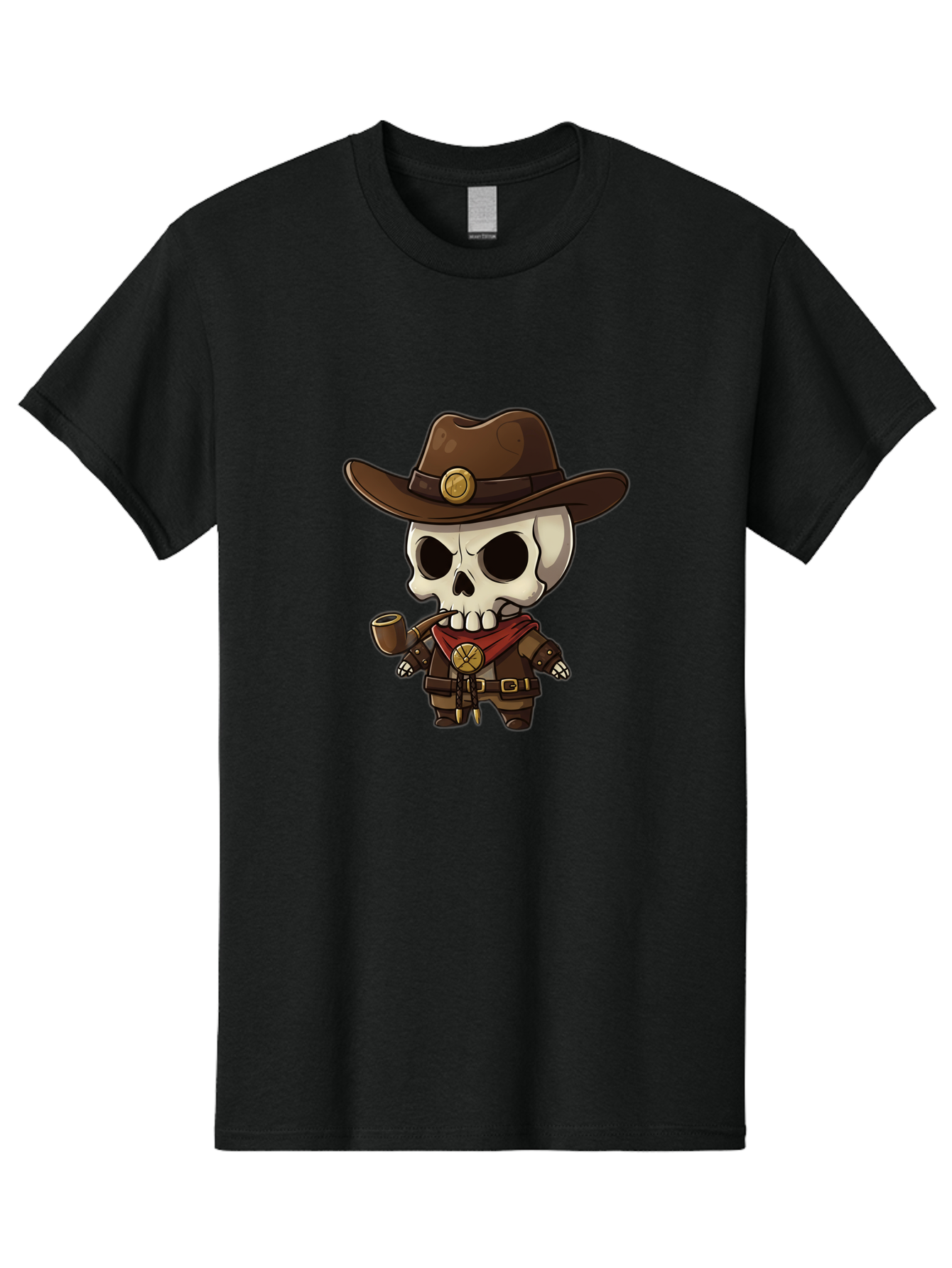 Cowboy-Skeleton Men'S Graphic Tee, 100% Cotton, Comfortable Casual Summer Wear, Machine Washable, Cartoon Skeleton, Cowboy Hat, Smoking Pipe, Western Attire, Red Bandana, Gold Accents, Brown Leather, Spooky Character, Western Theme, Bac924