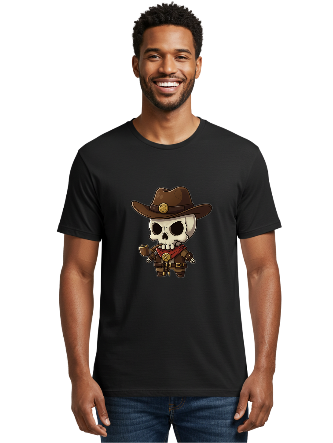 Cowboy-Skeleton Men'S Graphic Tee, 100% Cotton, Comfortable Casual Summer Wear, Machine Washable, Cartoon Skeleton, Cowboy Hat, Smoking Pipe, Western Attire, Red Bandana, Gold Accents, Brown Leather, Spooky Character, Western Theme, Bac924
