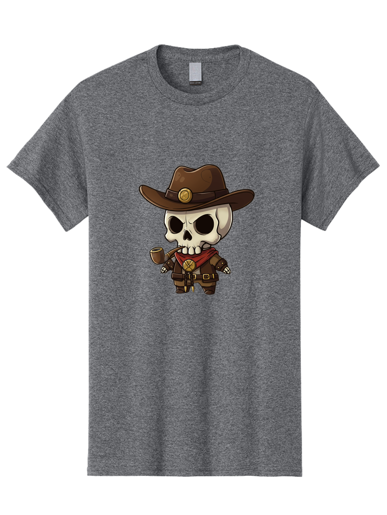 Cowboy-Skeleton Men'S Graphic Tee, 100% Cotton, Comfortable Casual Summer Wear, Machine Washable, Cartoon Skeleton, Cowboy Hat, Smoking Pipe, Western Attire, Red Bandana, Gold Accents, Brown Leather, Spooky Character, Western Theme, Bac924