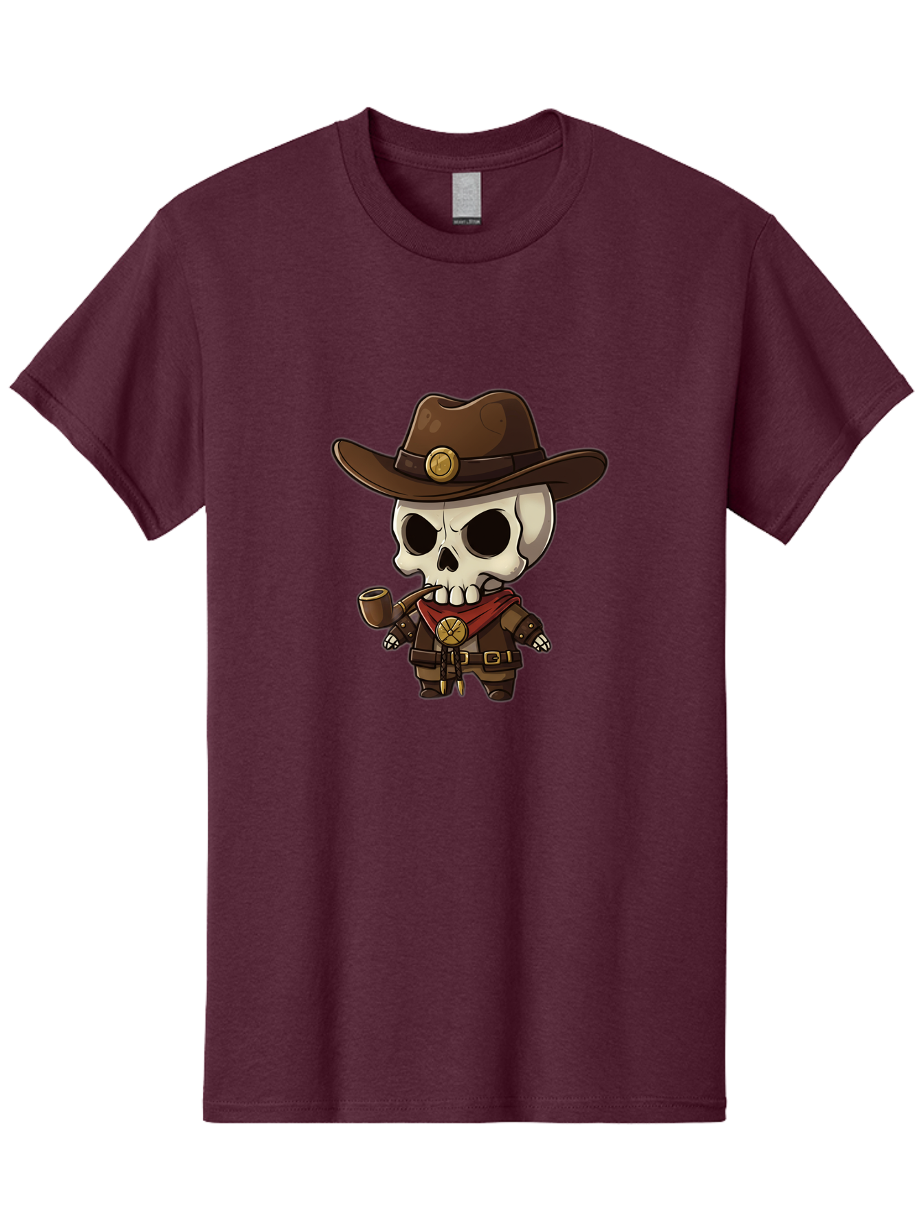 Cowboy-Skeleton Men'S Graphic Tee, 100% Cotton, Comfortable Casual Summer Wear, Machine Washable, Cartoon Skeleton, Cowboy Hat, Smoking Pipe, Western Attire, Red Bandana, Gold Accents, Brown Leather, Spooky Character, Western Theme, Bac924