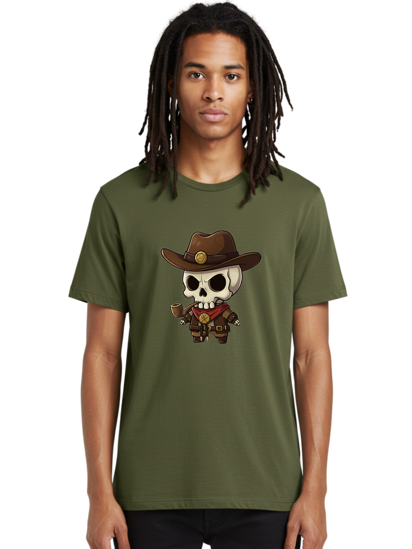 Cowboy-Skeleton Men'S Graphic Tee, 100% Cotton, Comfortable Casual Summer Wear, Machine Washable, Cartoon Skeleton, Cowboy Hat, Smoking Pipe, Western Attire, Red Bandana, Gold Accents, Brown Leather, Spooky Character, Western Theme, Bac924