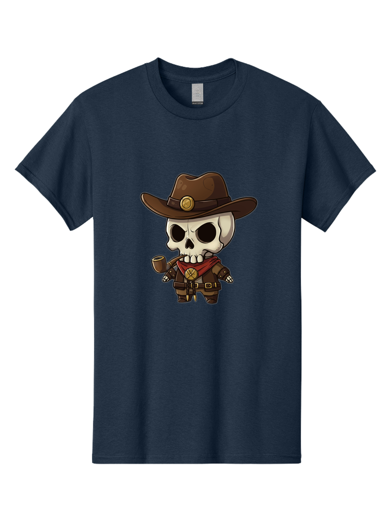 Cowboy-Skeleton Men'S Graphic Tee, 100% Cotton, Comfortable Casual Summer Wear, Machine Washable, Cartoon Skeleton, Cowboy Hat, Smoking Pipe, Western Attire, Red Bandana, Gold Accents, Brown Leather, Spooky Character, Western Theme, Bac924