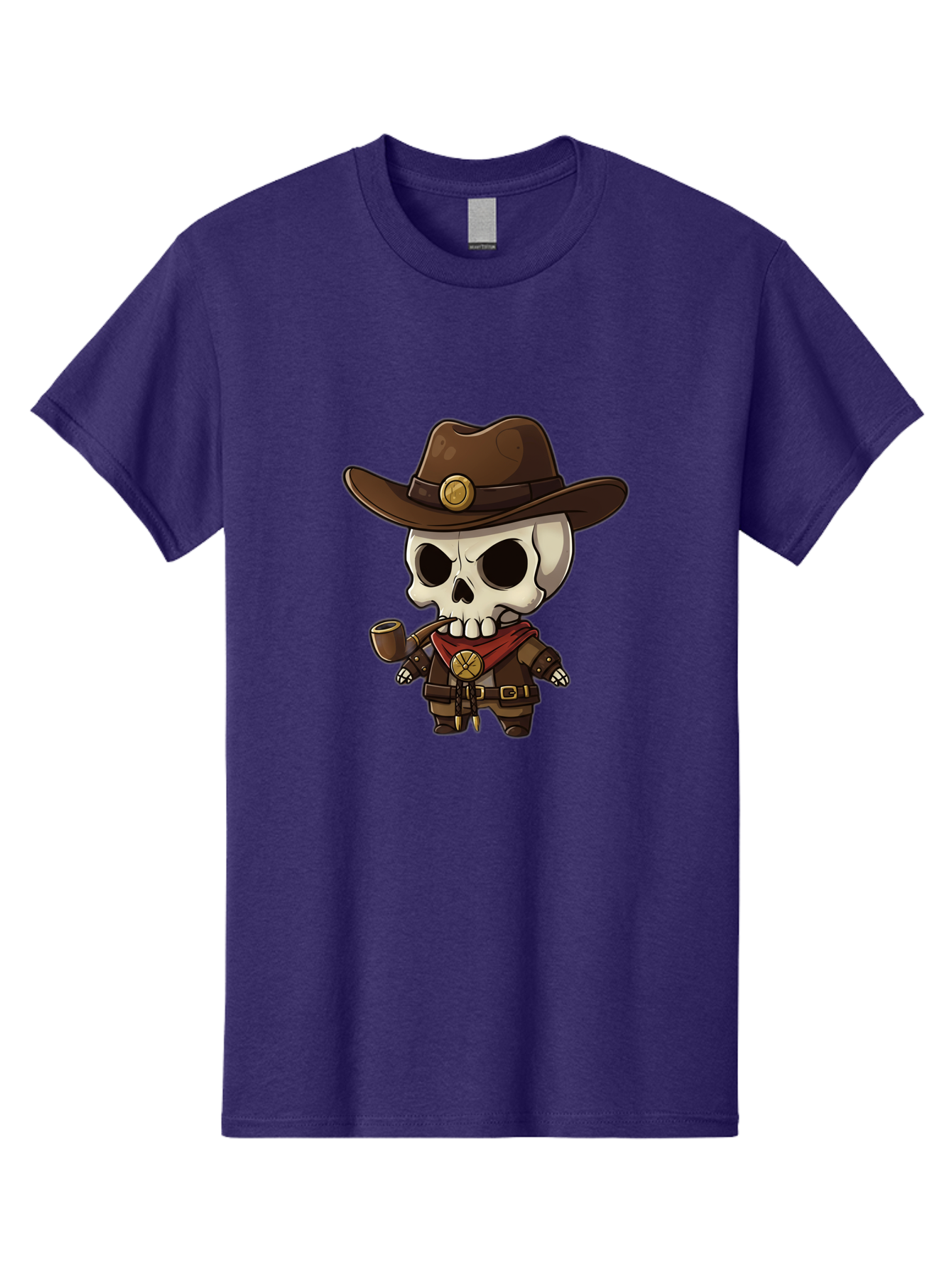 Cowboy-Skeleton Men'S Graphic Tee, 100% Cotton, Comfortable Casual Summer Wear, Machine Washable, Cartoon Skeleton, Cowboy Hat, Smoking Pipe, Western Attire, Red Bandana, Gold Accents, Brown Leather, Spooky Character, Western Theme, Bac924