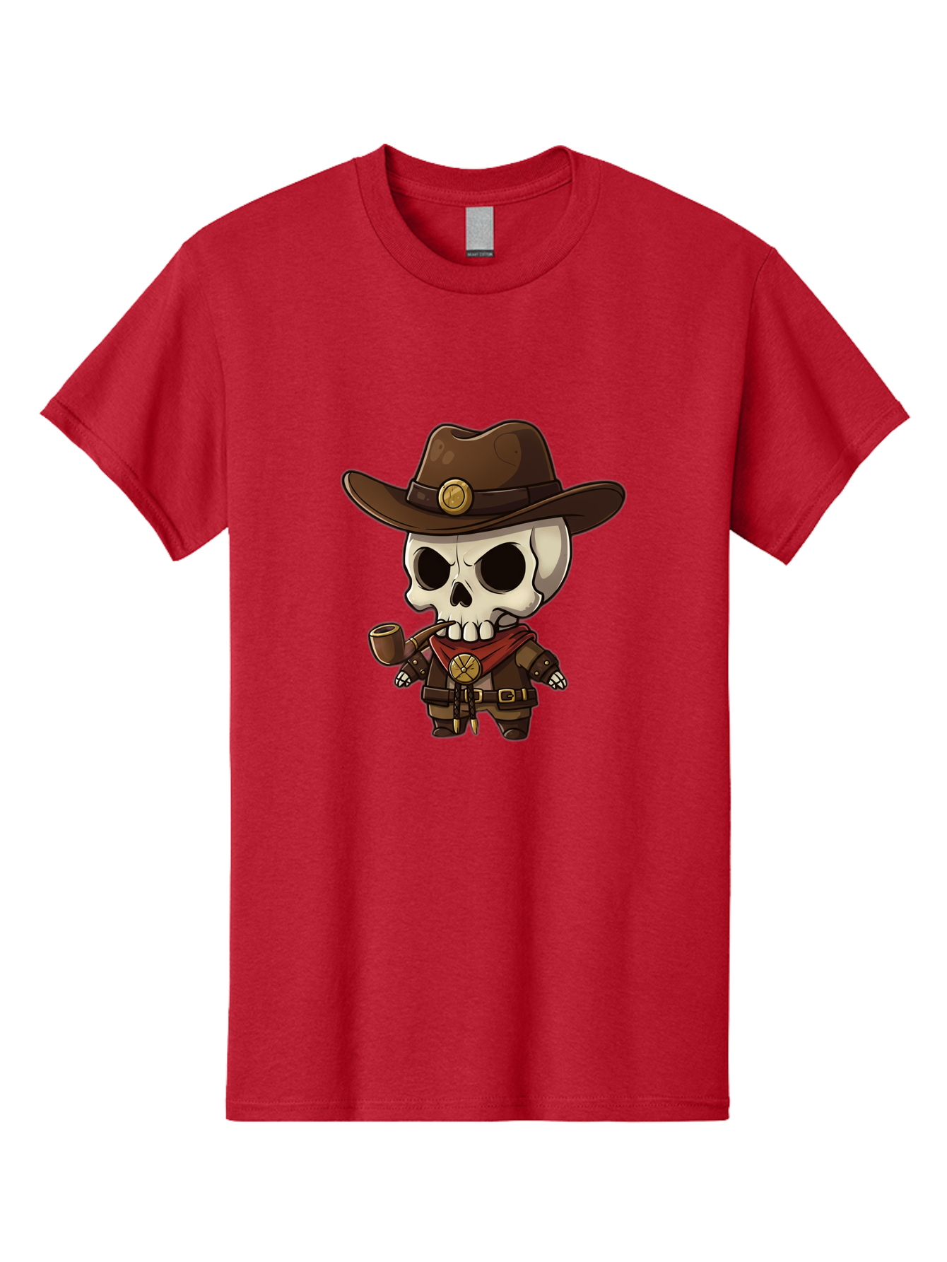 Cowboy-Skeleton Men'S Graphic Tee, 100% Cotton, Comfortable Casual Summer Wear, Machine Washable, Cartoon Skeleton, Cowboy Hat, Smoking Pipe, Western Attire, Red Bandana, Gold Accents, Brown Leather, Spooky Character, Western Theme, Bac924