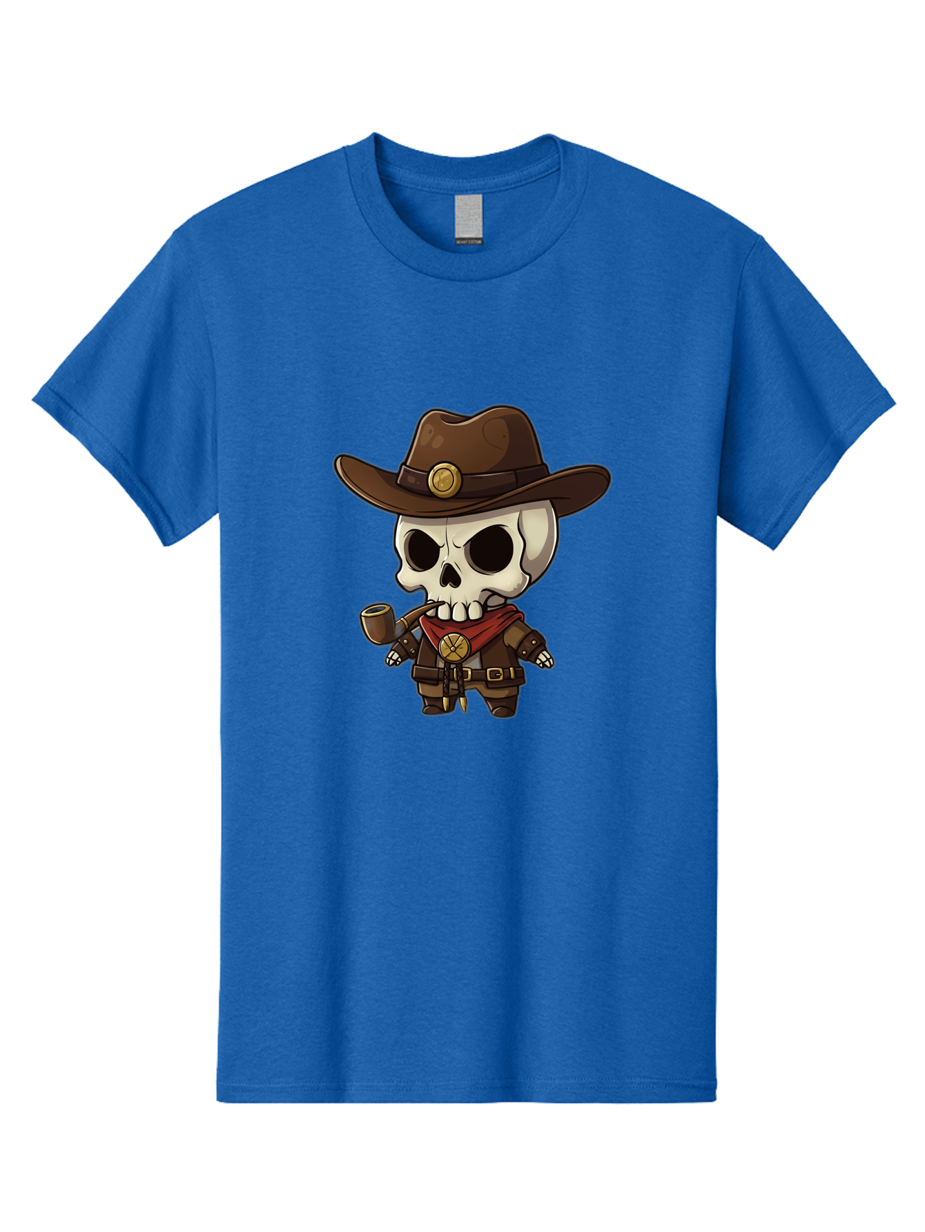 Cowboy-Skeleton Men'S Graphic Tee, 100% Cotton, Comfortable Casual Summer Wear, Machine Washable, Cartoon Skeleton, Cowboy Hat, Smoking Pipe, Western Attire, Red Bandana, Gold Accents, Brown Leather, Spooky Character, Western Theme, Bac924