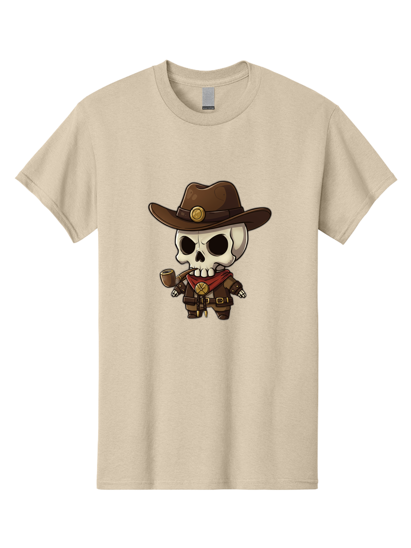 Cowboy-Skeleton Men'S Graphic Tee, 100% Cotton, Comfortable Casual Summer Wear, Machine Washable, Cartoon Skeleton, Cowboy Hat, Smoking Pipe, Western Attire, Red Bandana, Gold Accents, Brown Leather, Spooky Character, Western Theme, Bac924
