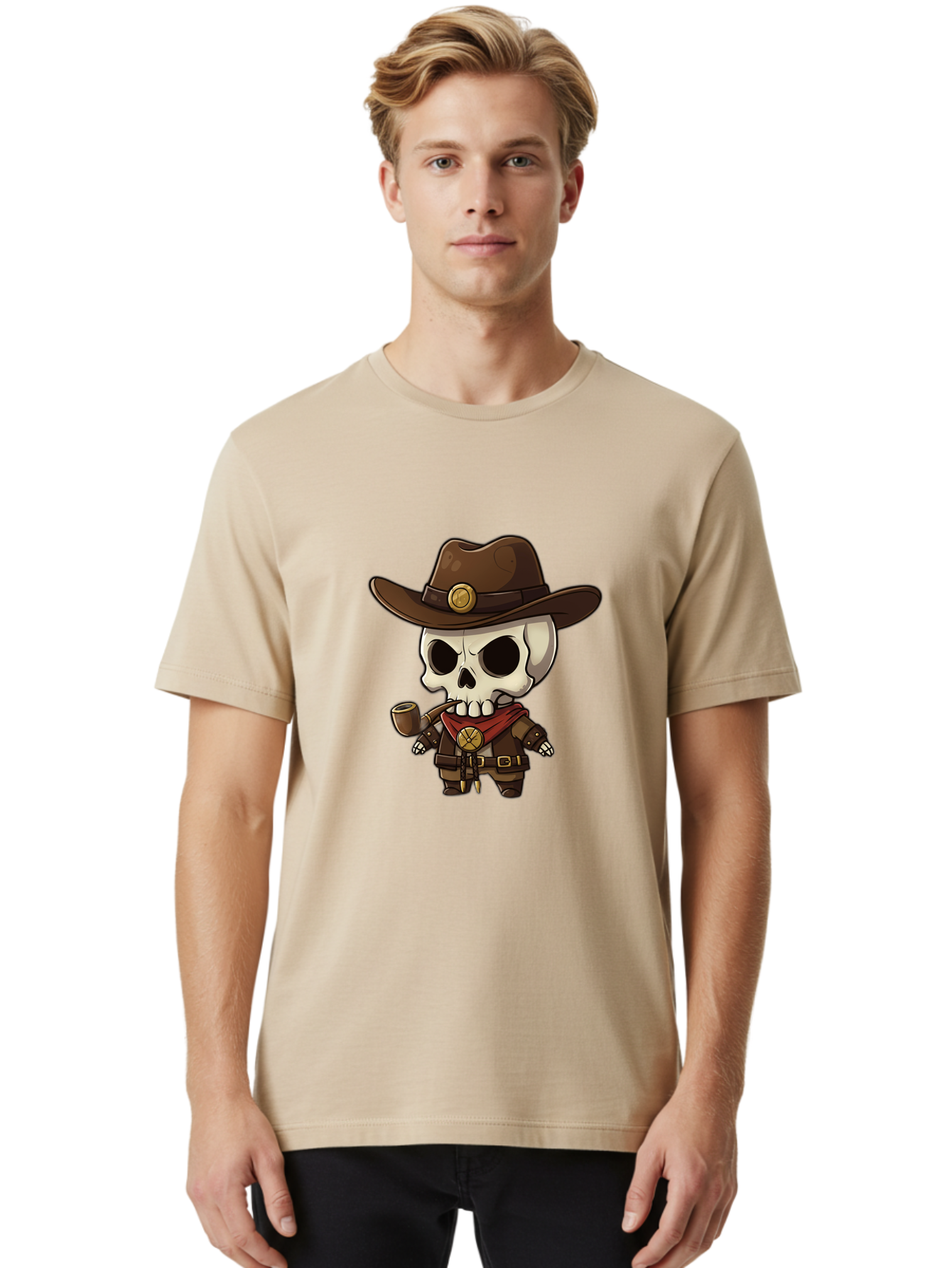 Cowboy-Skeleton Men'S Graphic Tee, 100% Cotton, Comfortable Casual Summer Wear, Machine Washable, Cartoon Skeleton, Cowboy Hat, Smoking Pipe, Western Attire, Red Bandana, Gold Accents, Brown Leather, Spooky Character, Western Theme, Bac924