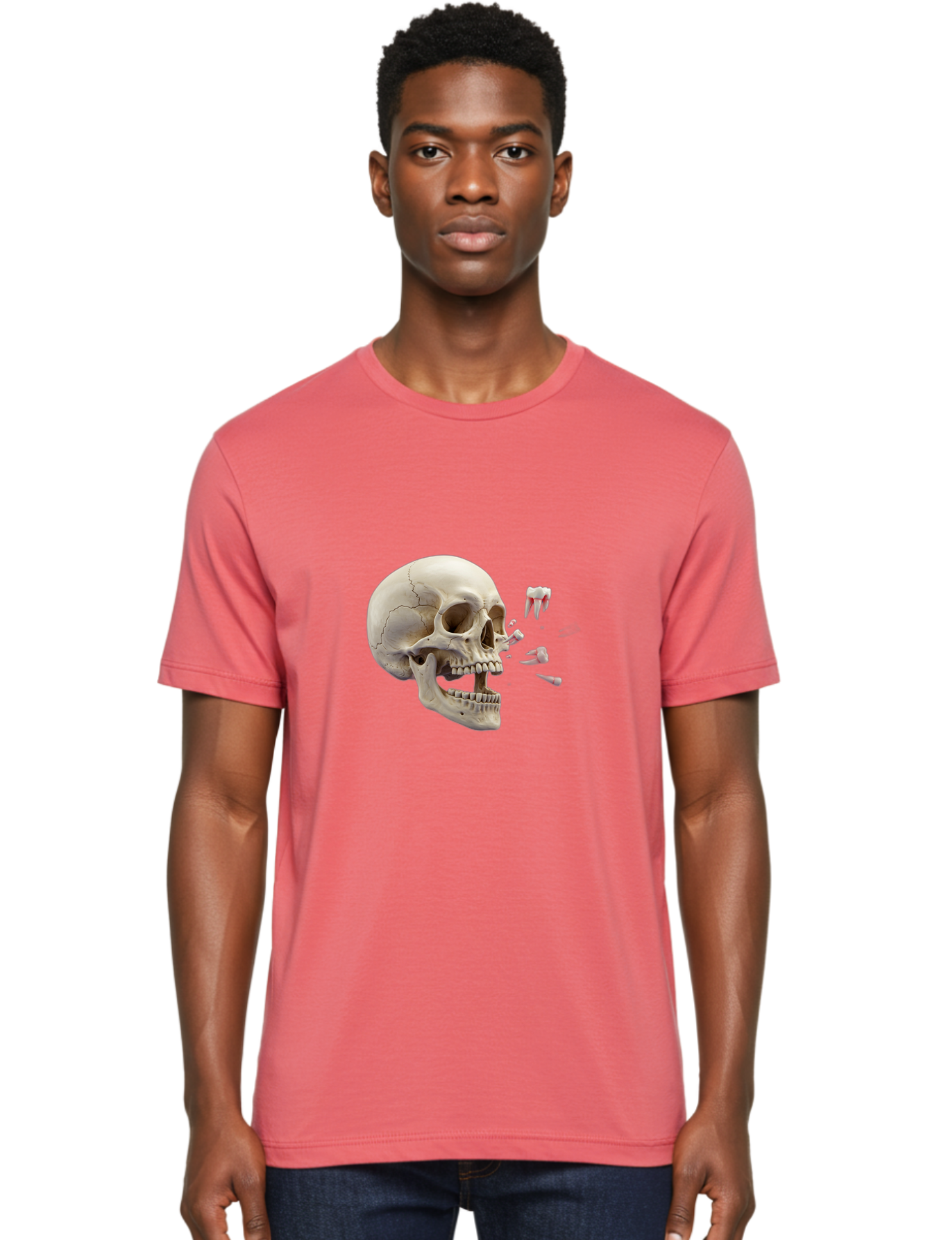 Cracked-Skull-1 Men'S Graphic Tee, 100% Cotton, Comfortable Casual Summer Wear, Machine Washable, Human Skull, Broken Jaw, Shattered Teeth, Dental Anatomy, Forensic Science, Medical Illustration, Skeleton Head, Jawbone Fracture, Bac926