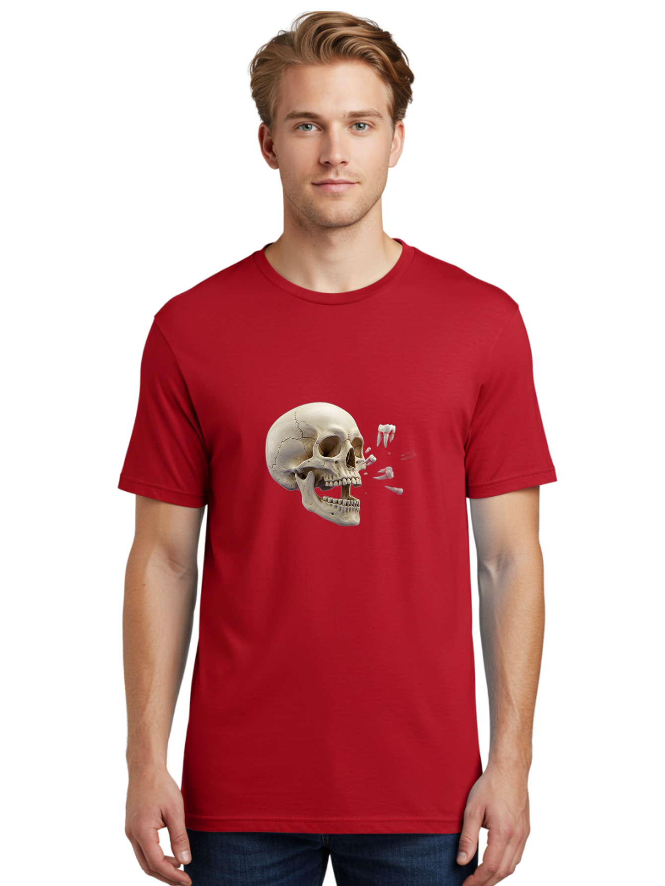Cracked-Skull-1 Men'S Graphic Tee, 100% Cotton, Comfortable Casual Summer Wear, Machine Washable, Human Skull, Broken Jaw, Shattered Teeth, Dental Anatomy, Forensic Science, Medical Illustration, Skeleton Head, Jawbone Fracture, Bac926