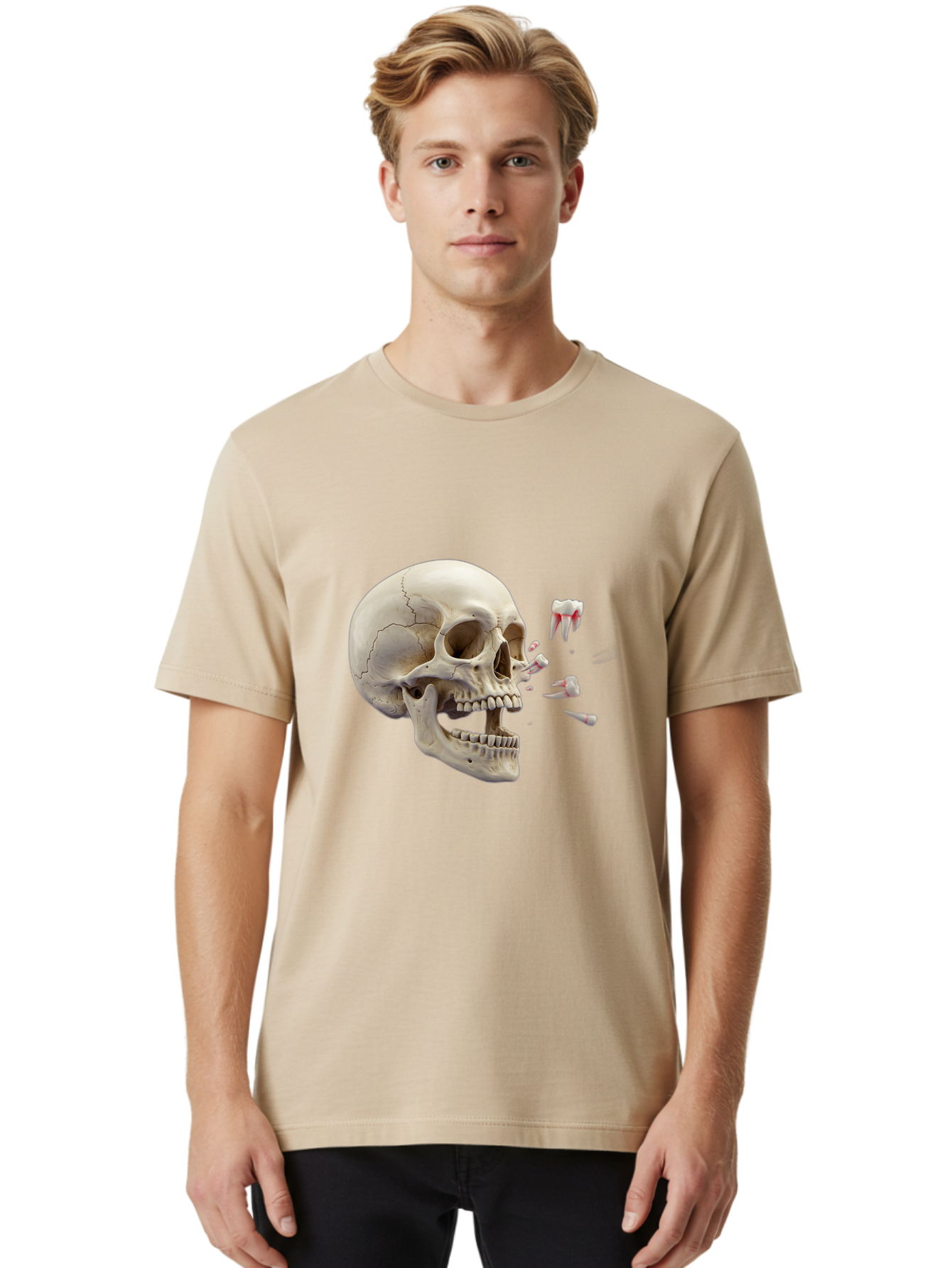 Cracked-Skull-1 Men'S Graphic Tee, 100% Cotton, Comfortable Casual Summer Wear, Machine Washable, Human Skull, Broken Jaw, Shattered Teeth, Dental Anatomy, Forensic Science, Medical Illustration, Skeleton Head, Jawbone Fracture, Bac926