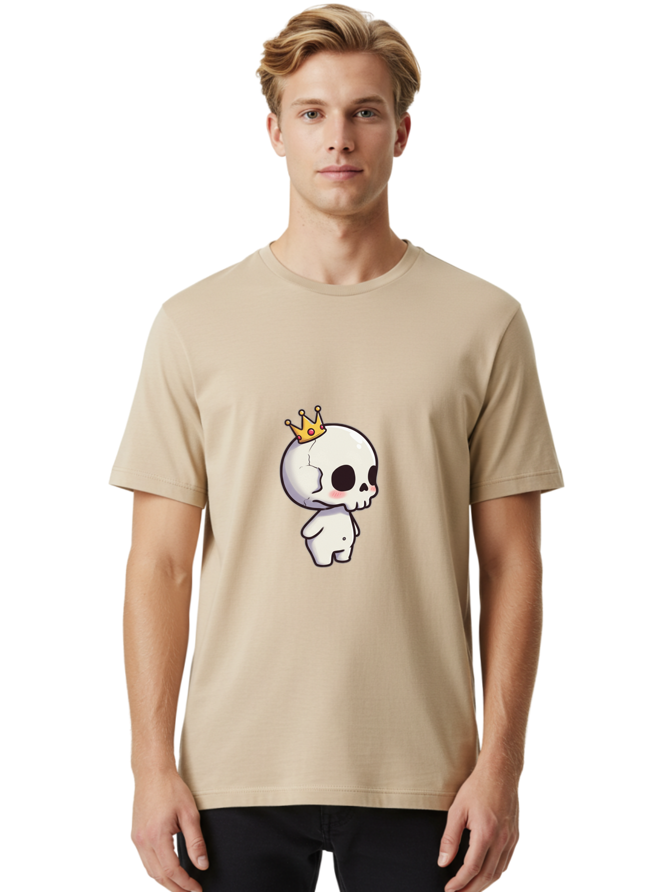 Cracked-Skull-With-Crown Men'S Graphic Tee, 100% Cotton, Comfortable Casual Summer Wear, Machine Washable, Cartoon Skull With Crown, Cute Skull, Kawaii Art, Skull Character, Crowned Character, Anime Style, Digital Illustration, Quirky Design, Bac927