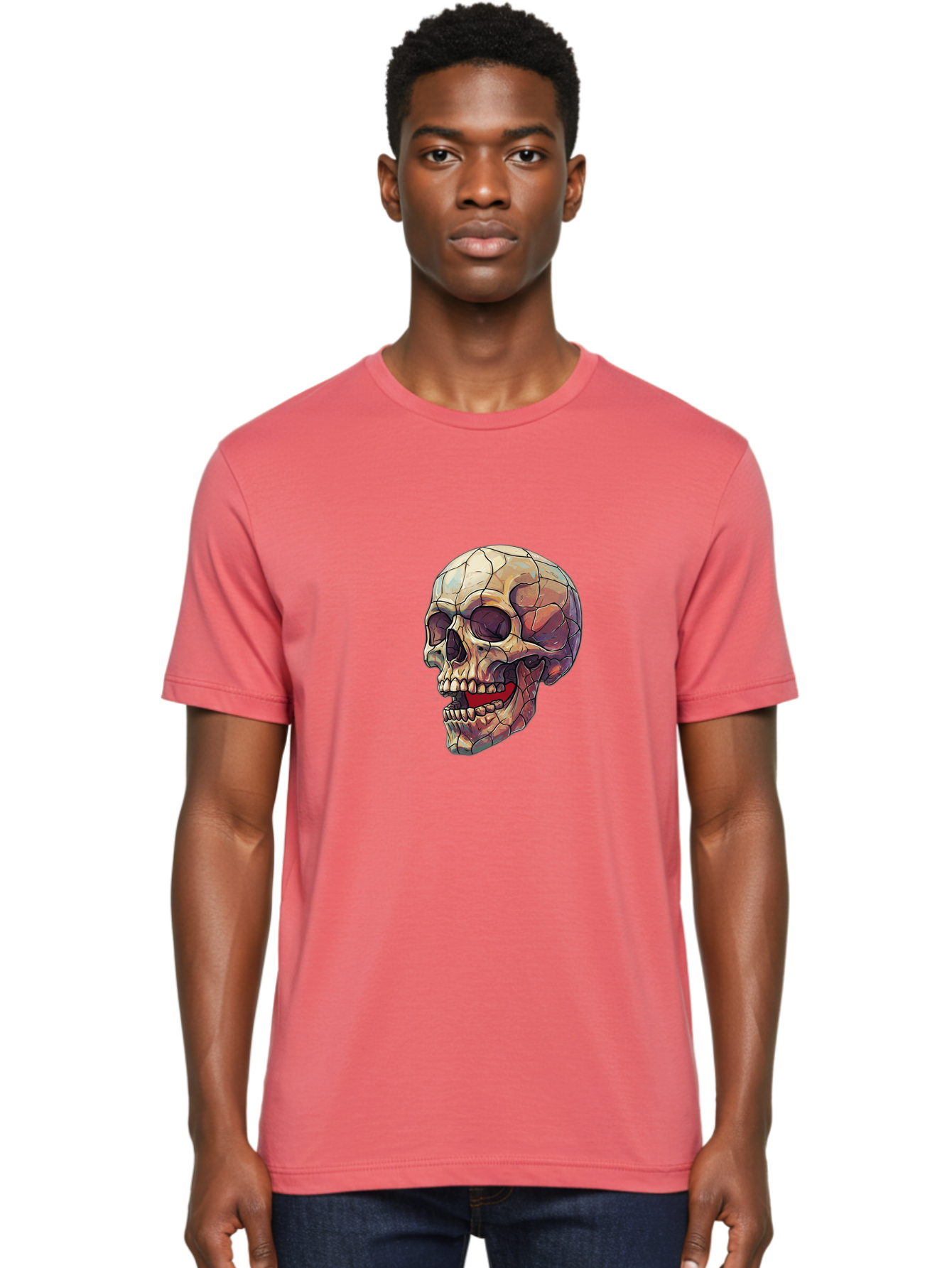 Cracked-Skull Men'S Graphic Tee, 100% Cotton, Comfortable Casual Summer Wear, Machine Washable, Human Skull, Cracked Bones, Red Tongue, Dental Anatomy, Skull Art, Gothic Illustration, Vibrant Colors, Bold Graphics Bac928