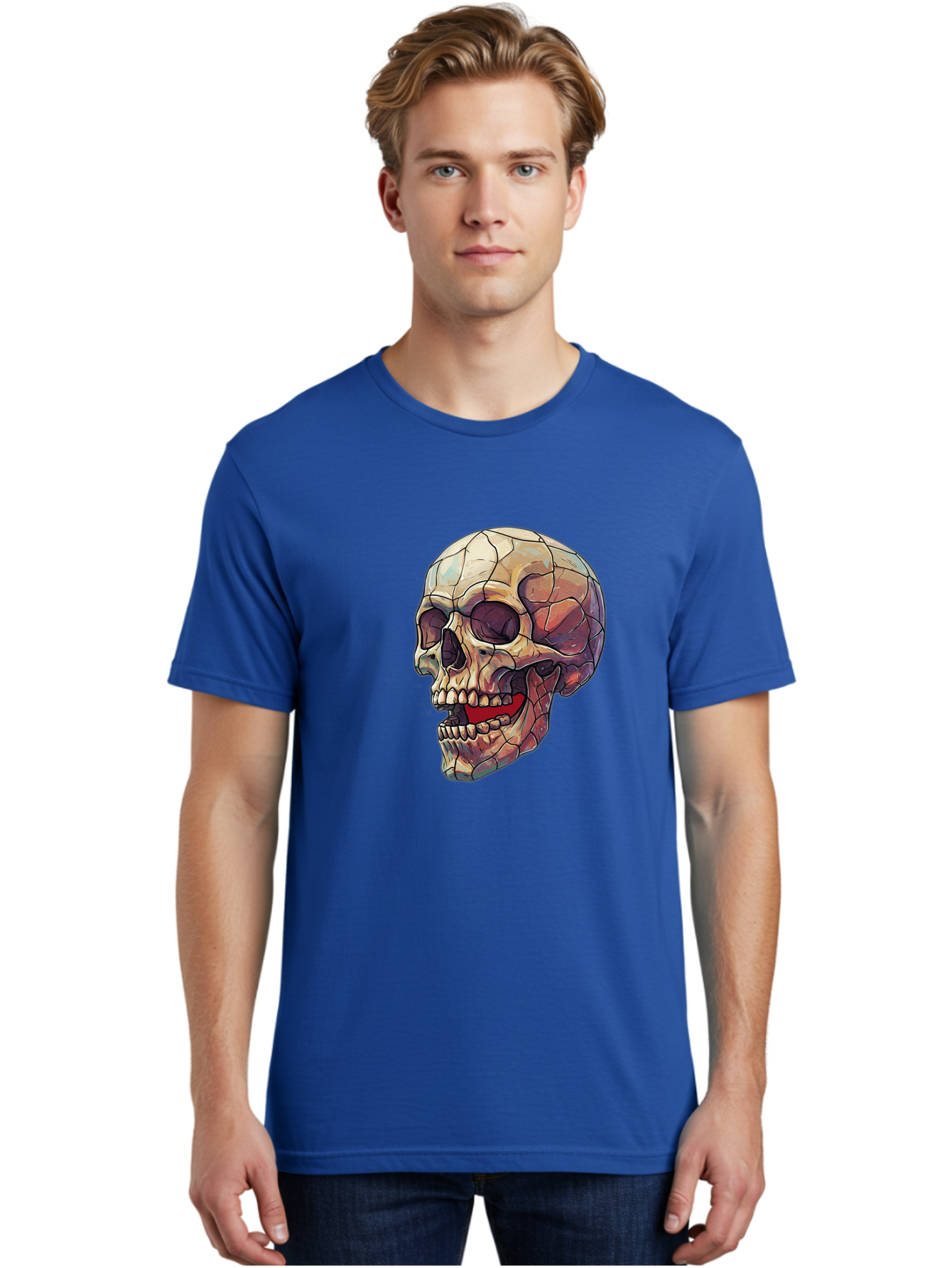 Cracked-Skull Men'S Graphic Tee, 100% Cotton, Comfortable Casual Summer Wear, Machine Washable, Human Skull, Cracked Bones, Red Tongue, Dental Anatomy, Skull Art, Gothic Illustration, Vibrant Colors, Bold Graphics Bac928