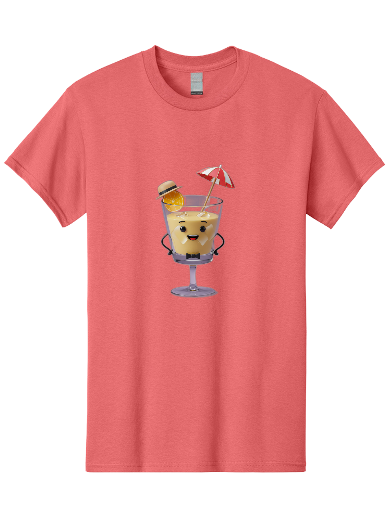 Creamy-Cocktail Men'S Graphic Tee, 100% Cotton, Comfortable Casual Summer Wear, Machine Washable, Fun Cocktail, Orange Slice, Red And White Umbrella, Beige Hat, Smiling Face, Bow Tie, Summer Drink, Refreshing Beverage Bac929