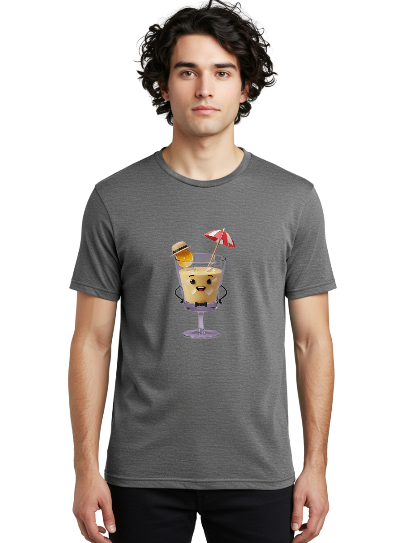 Creamy-Cocktail Men'S Graphic Tee, 100% Cotton, Comfortable Casual Summer Wear, Machine Washable, Fun Cocktail, Orange Slice, Red And White Umbrella, Beige Hat, Smiling Face, Bow Tie, Summer Drink, Refreshing Beverage Bac929
