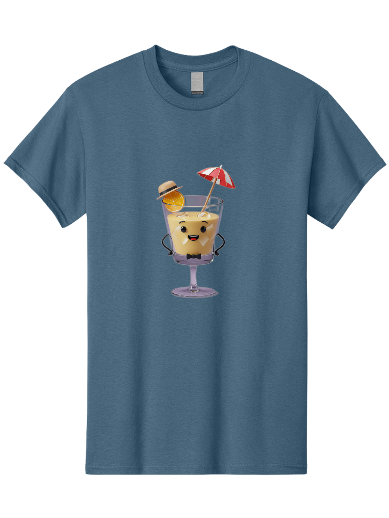 Creamy-Cocktail Men'S Graphic Tee, 100% Cotton, Comfortable Casual Summer Wear, Machine Washable, Fun Cocktail, Orange Slice, Red And White Umbrella, Beige Hat, Smiling Face, Bow Tie, Summer Drink, Refreshing Beverage Bac929